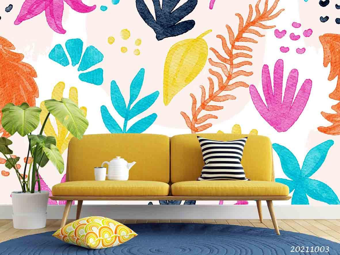 3D Hand Drawn Colored Leaves Wall Mural Wallpaper LQH 428- Jess Art Decoration