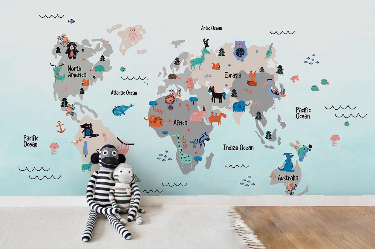 3D Cartoon Animals World Map Wall Mural Wallpaper LQH 20- Jess Art Decoration