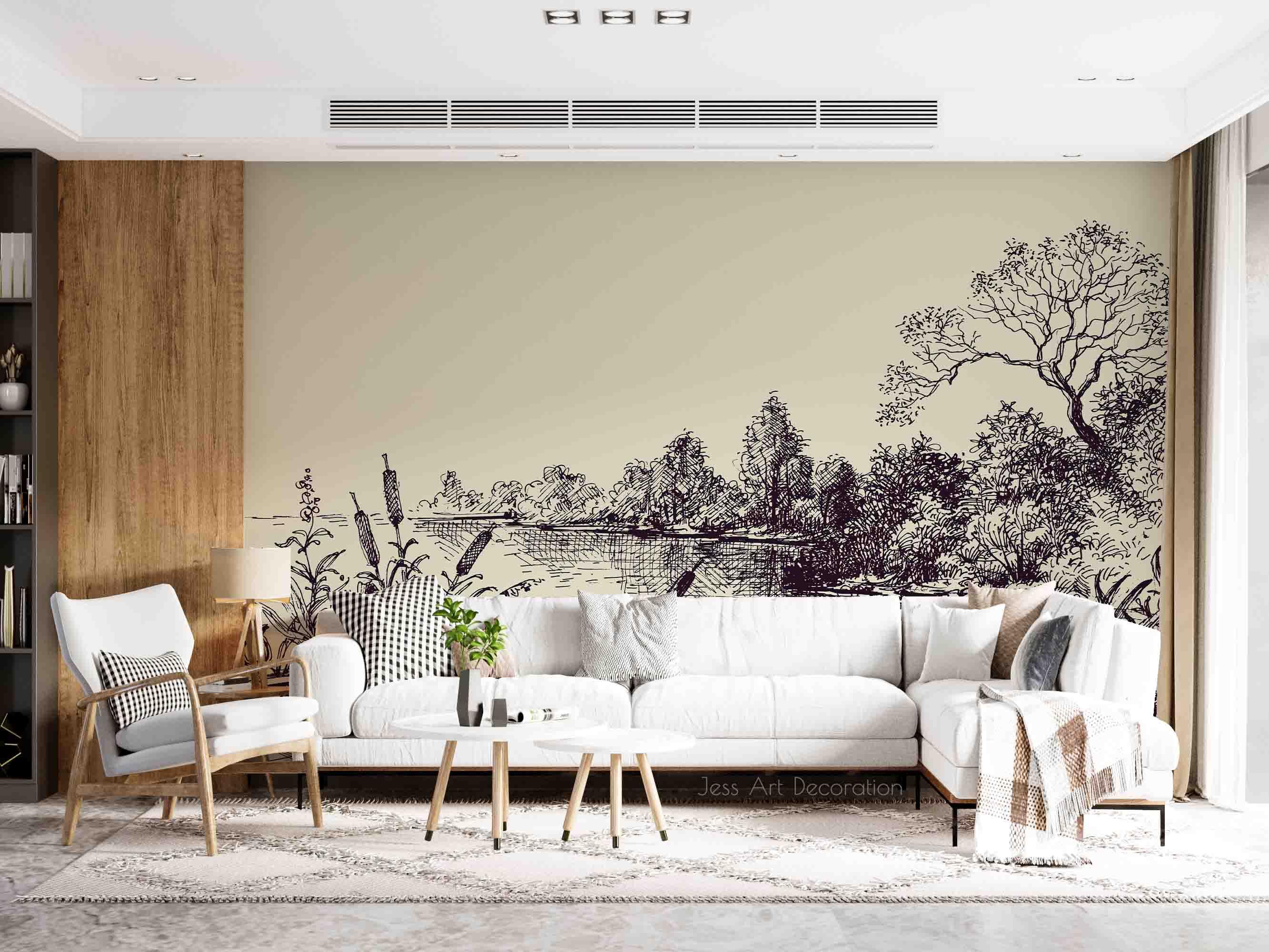 3D Pond Reed Tree Scenery Wall Mural Wallpaper GD 3157- Jess Art Decoration