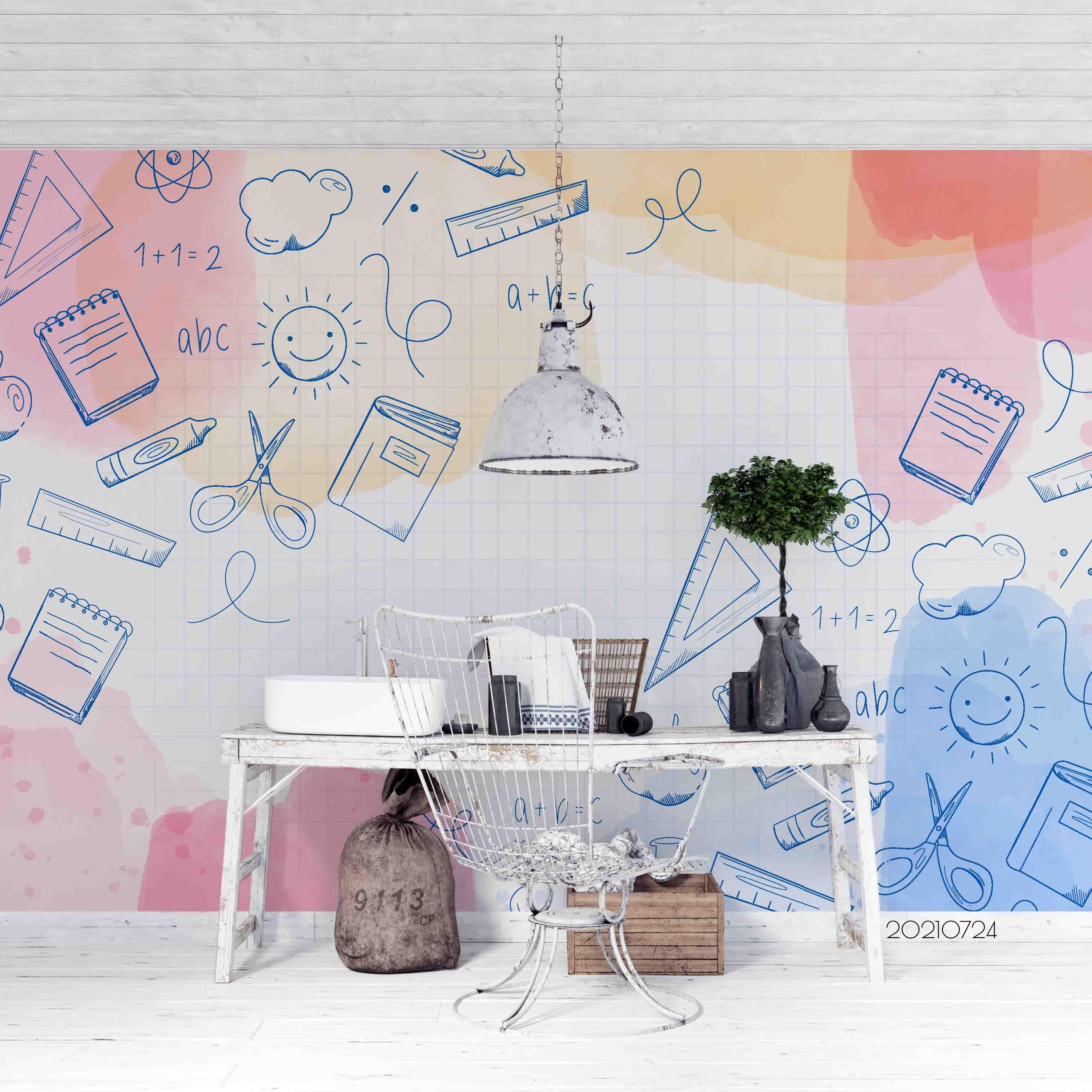 3D Watercolor School Cartoon Wall Mural Wallpaper SWW3600- Jess Art Decoration