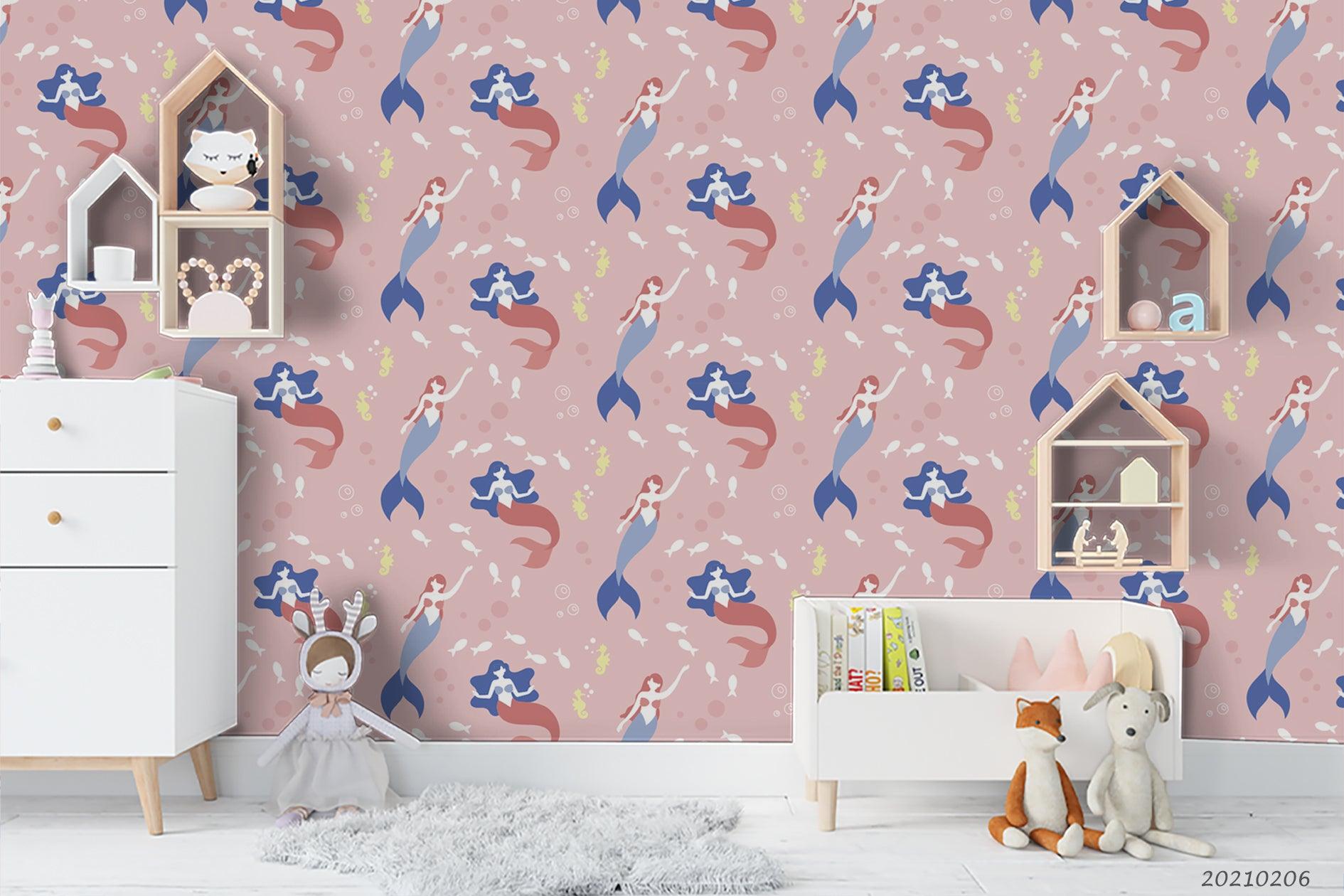 3D Cartoon Pink Mermaid Wall Mural Wallpaper LQH 242- Jess Art Decoration