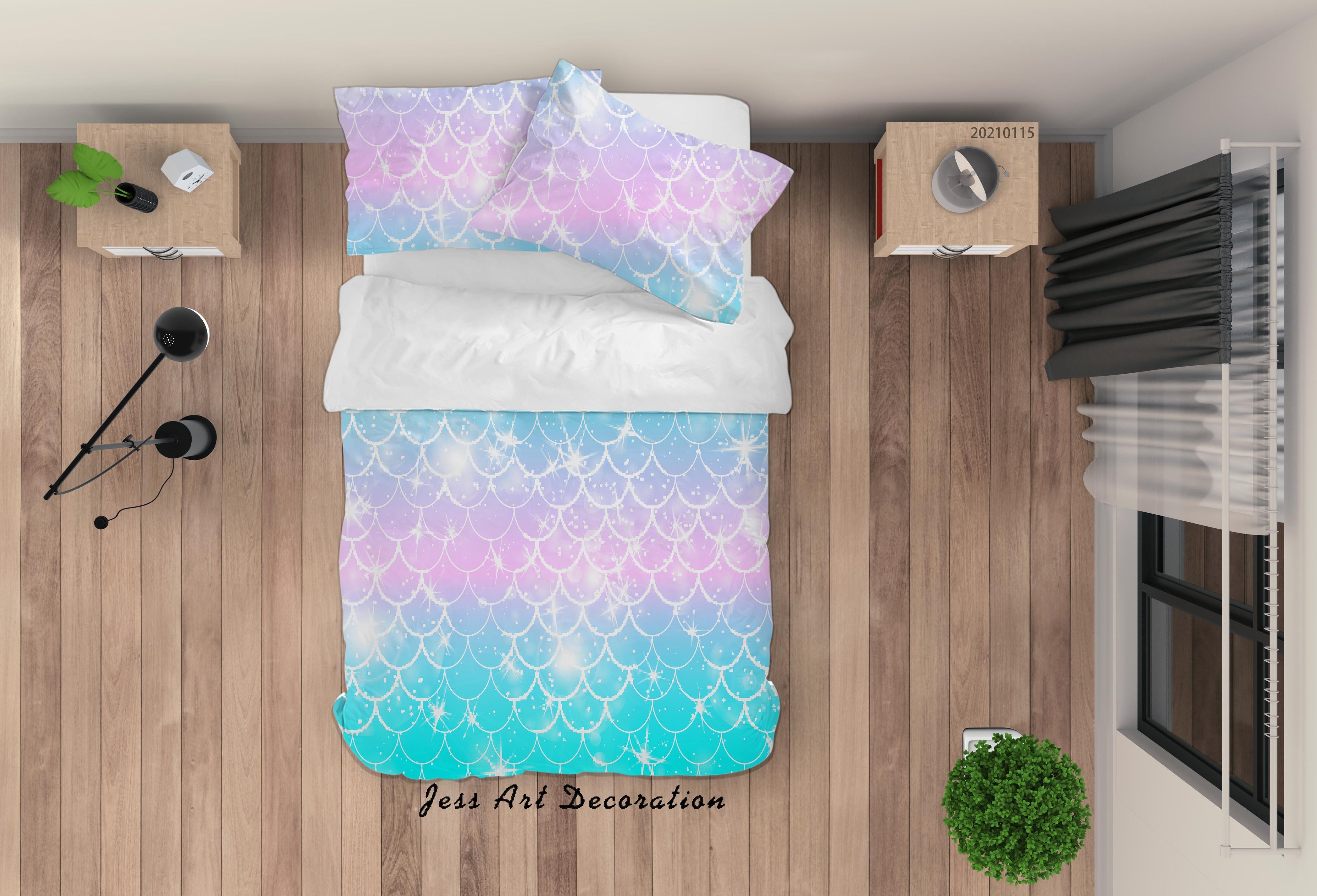 3D Watercolor Blue Fish Scale Shape Quilt Cover Set Bedding Set Duvet Cover Pillowcases 75- Jess Art Decoration