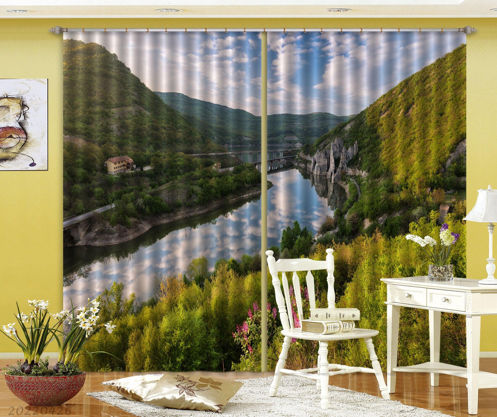 3D Landscape Mountain Rock River Green Forest Curtains and Drapes GD 4836- Jess Art Decoration