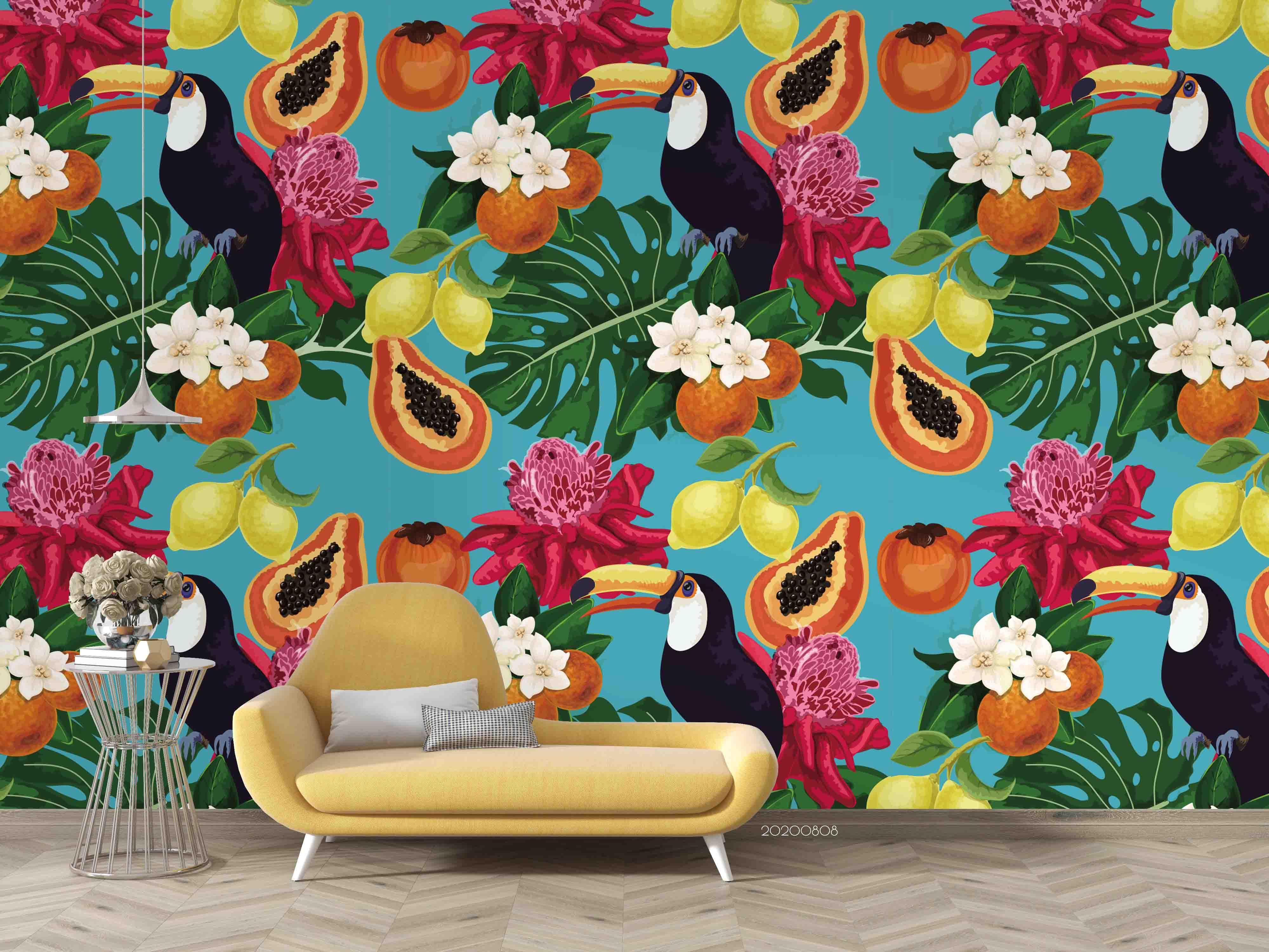 3D Hand Sketching Bird Floral Tropical Fruity  Wall Mural Wallpaper LXL 700- Jess Art Decoration