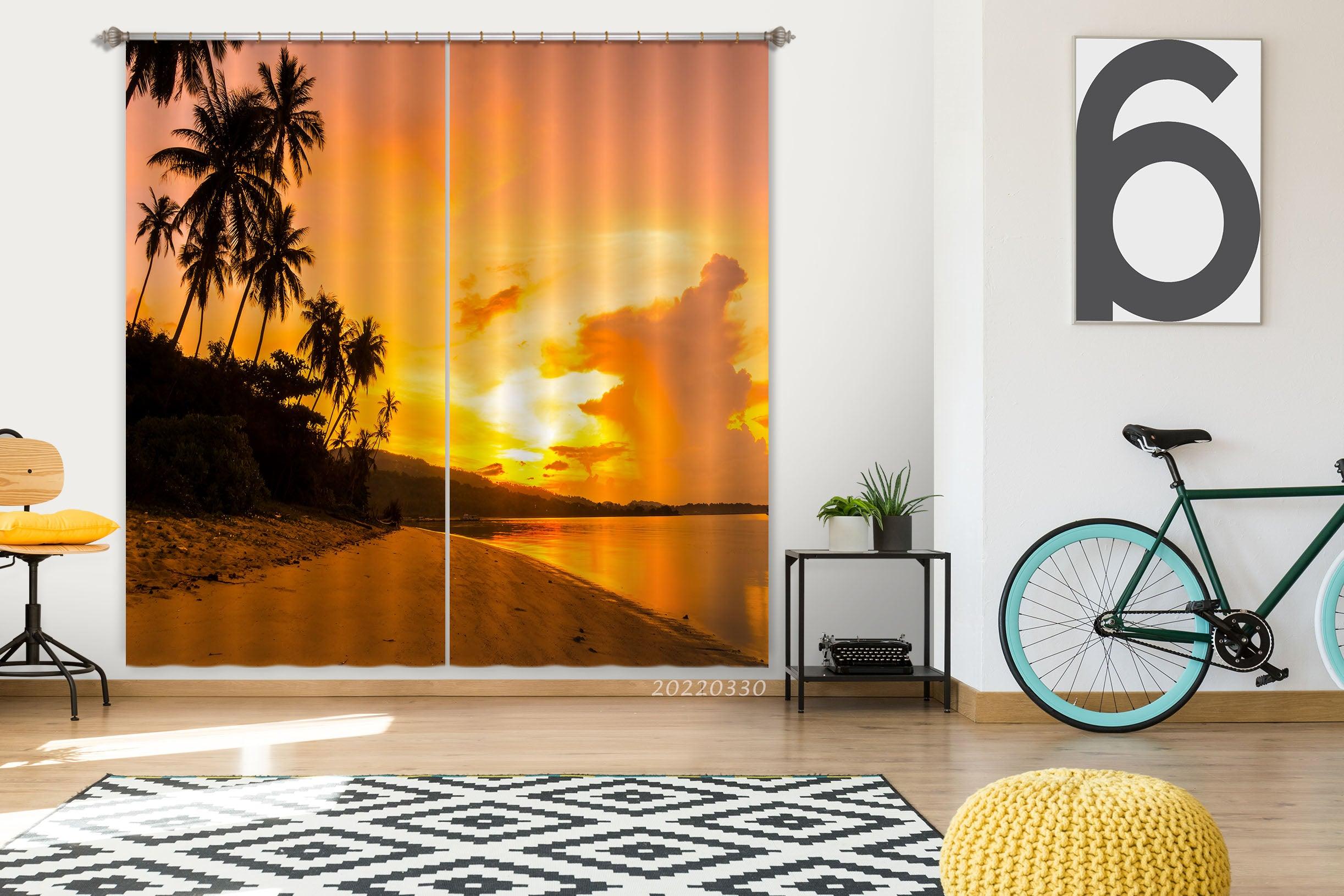 3D Landscape Ocean Beach Coconut Tree Sunrise Curtains and Drapes GD 3736- Jess Art Decoration