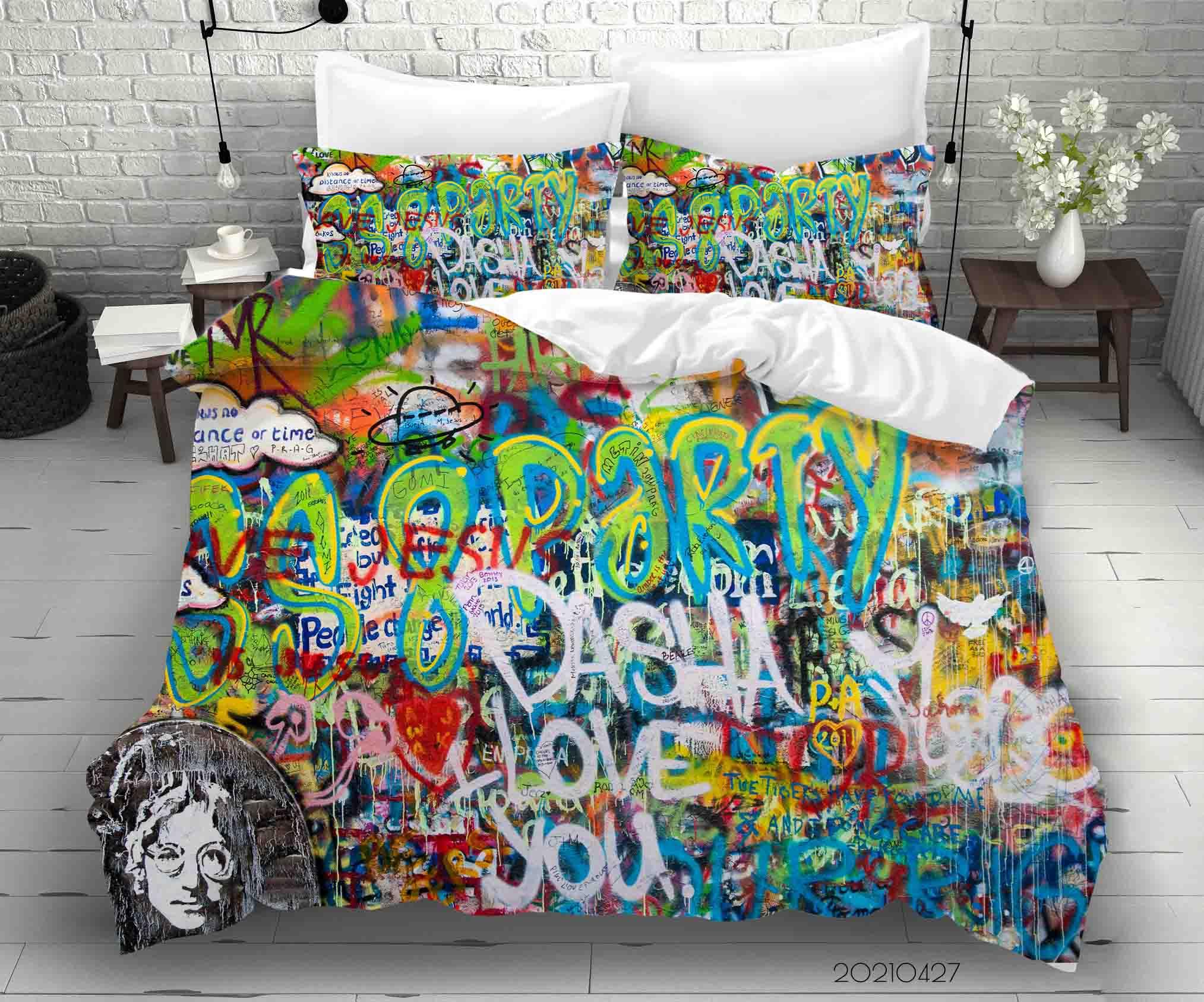 3D Abstract Colored Street Graffiti Quilt Cover Set Bedding Set Duvet Cover Pillowcases 152- Jess Art Decoration