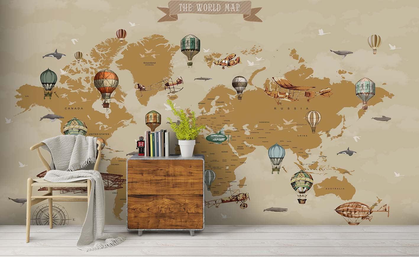 3D World Map Hot Air Balloon Wall Mural Wallpaper SF78- Jess Art Decoration