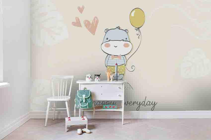 3D Cartoon Hippo Love Balloon Wall Mural Wallpaper A230 LQH- Jess Art Decoration