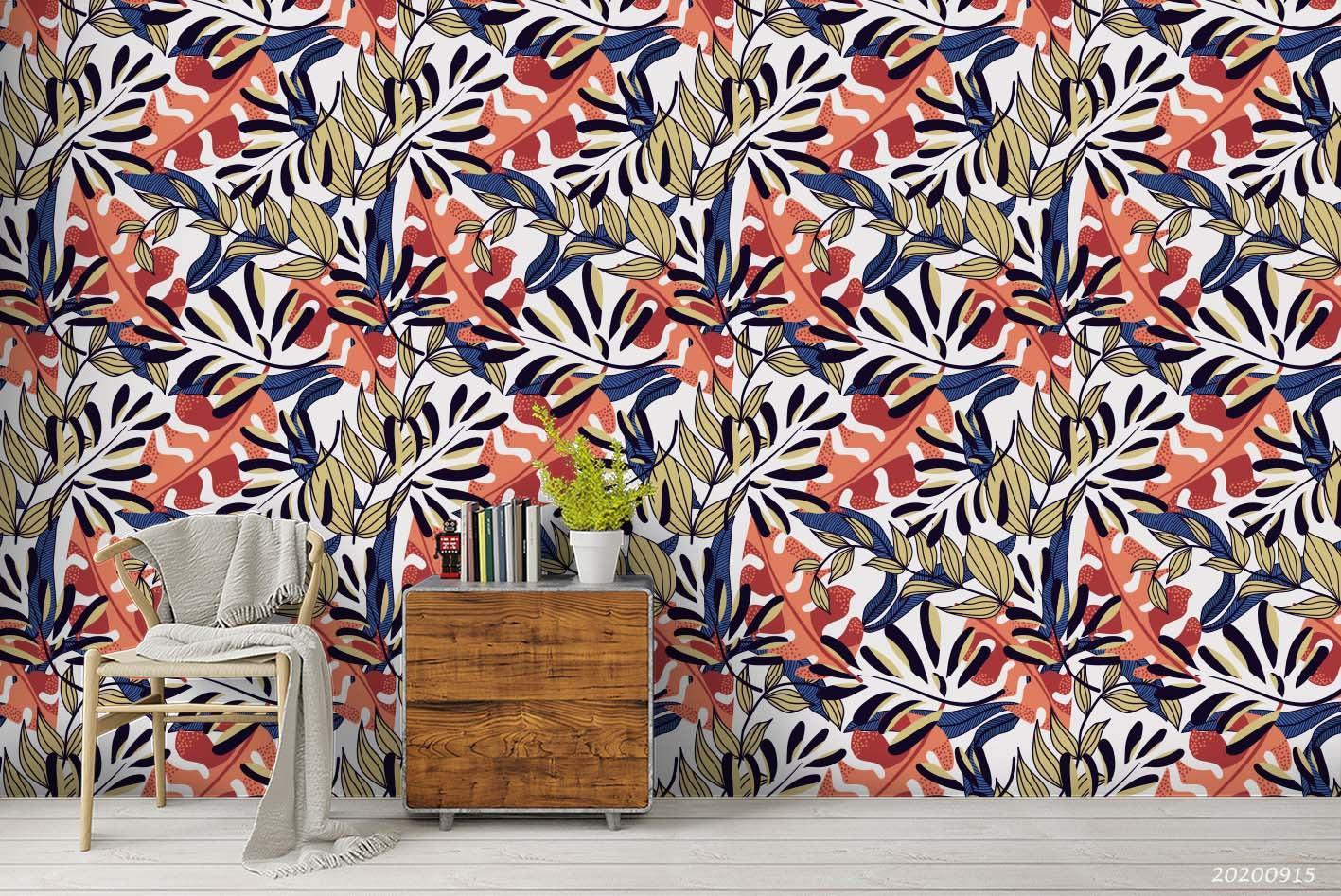 3D Hand Drawn Red Blue Leaves Plant Pattern Wall Mural Wallpaper LXL 2804- Jess Art Decoration