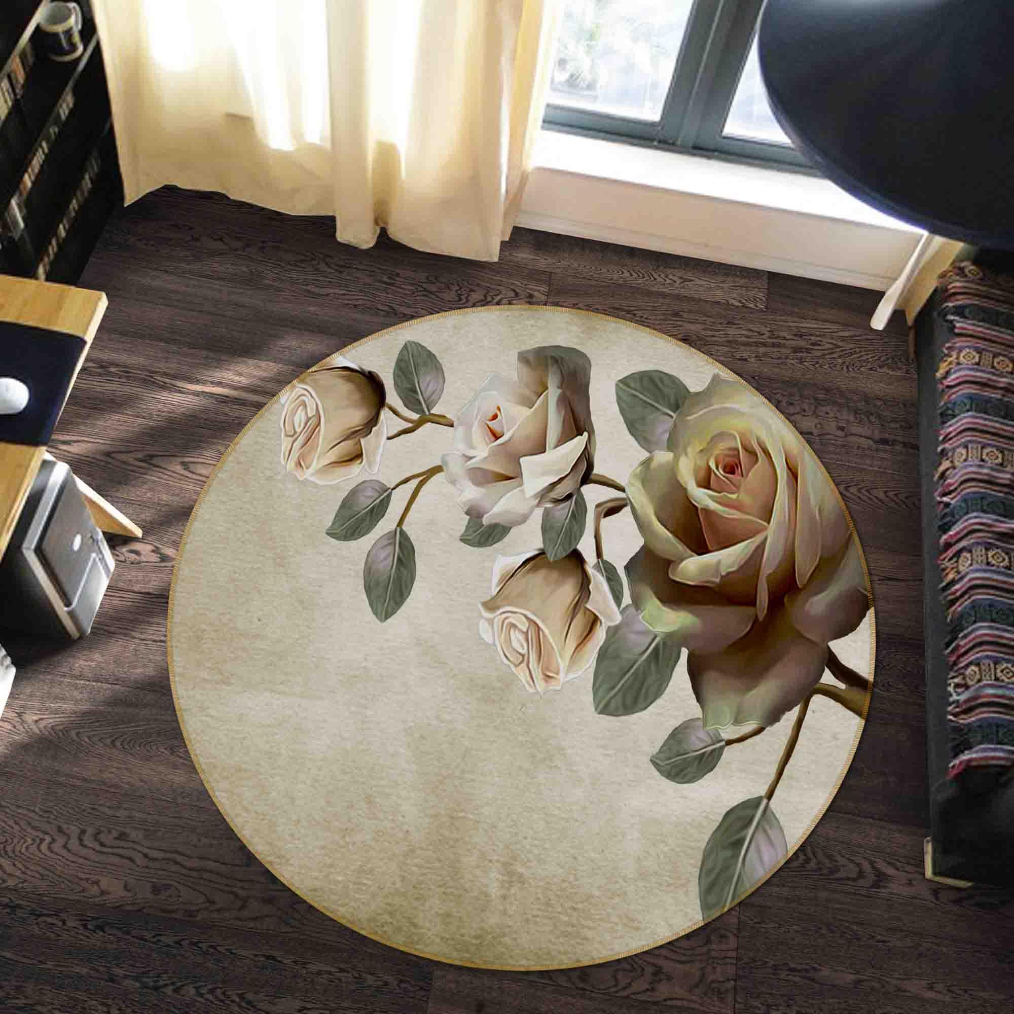 3D Vintage Rose Floral Non-Slip Round Rug Mat 90- Jess Art Decoration