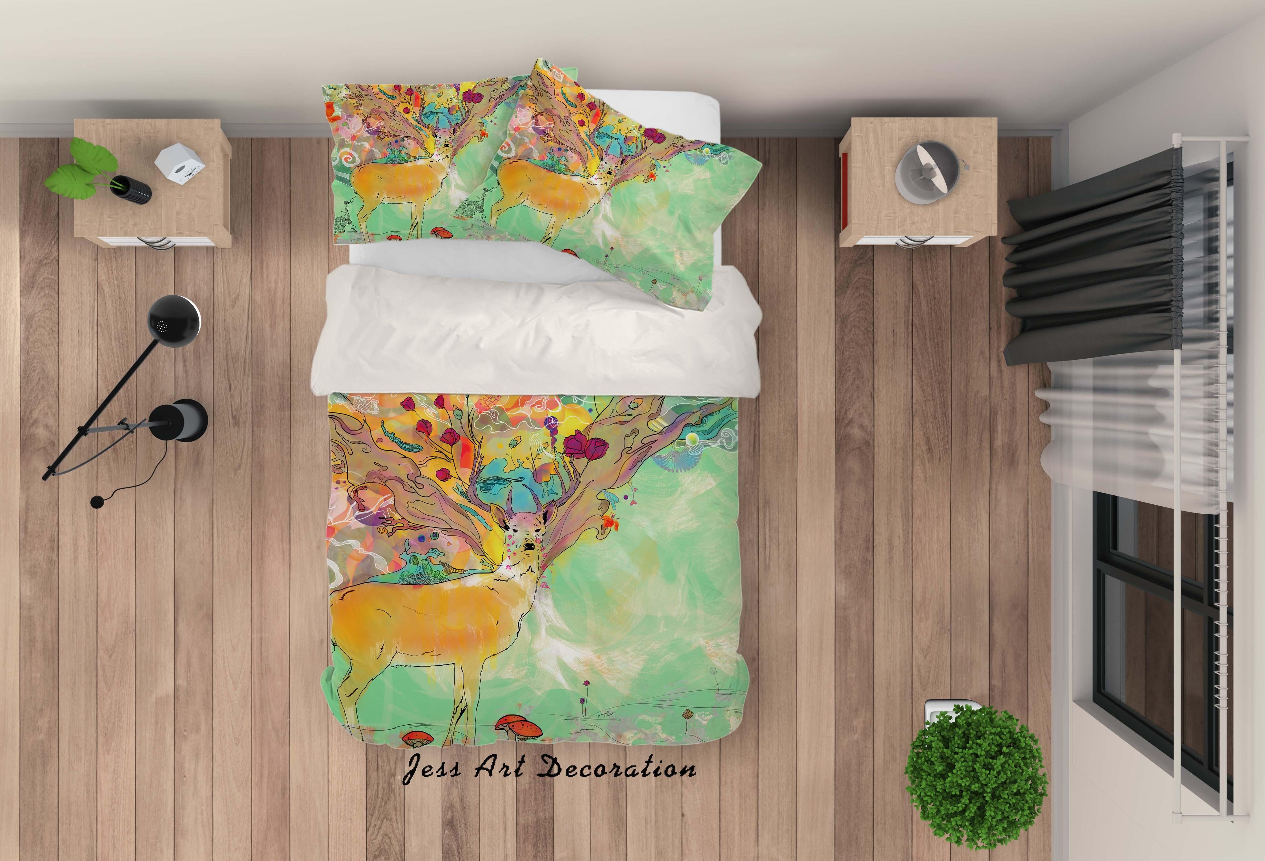 3D Abstract Watercolor Elk Quilt Cover Set Bedding Set Pillowcases 04- Jess Art Decoration