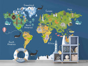 3D Cartoon Blue World Map Wall Mural Wallpaper LQH 212- Jess Art Decoration