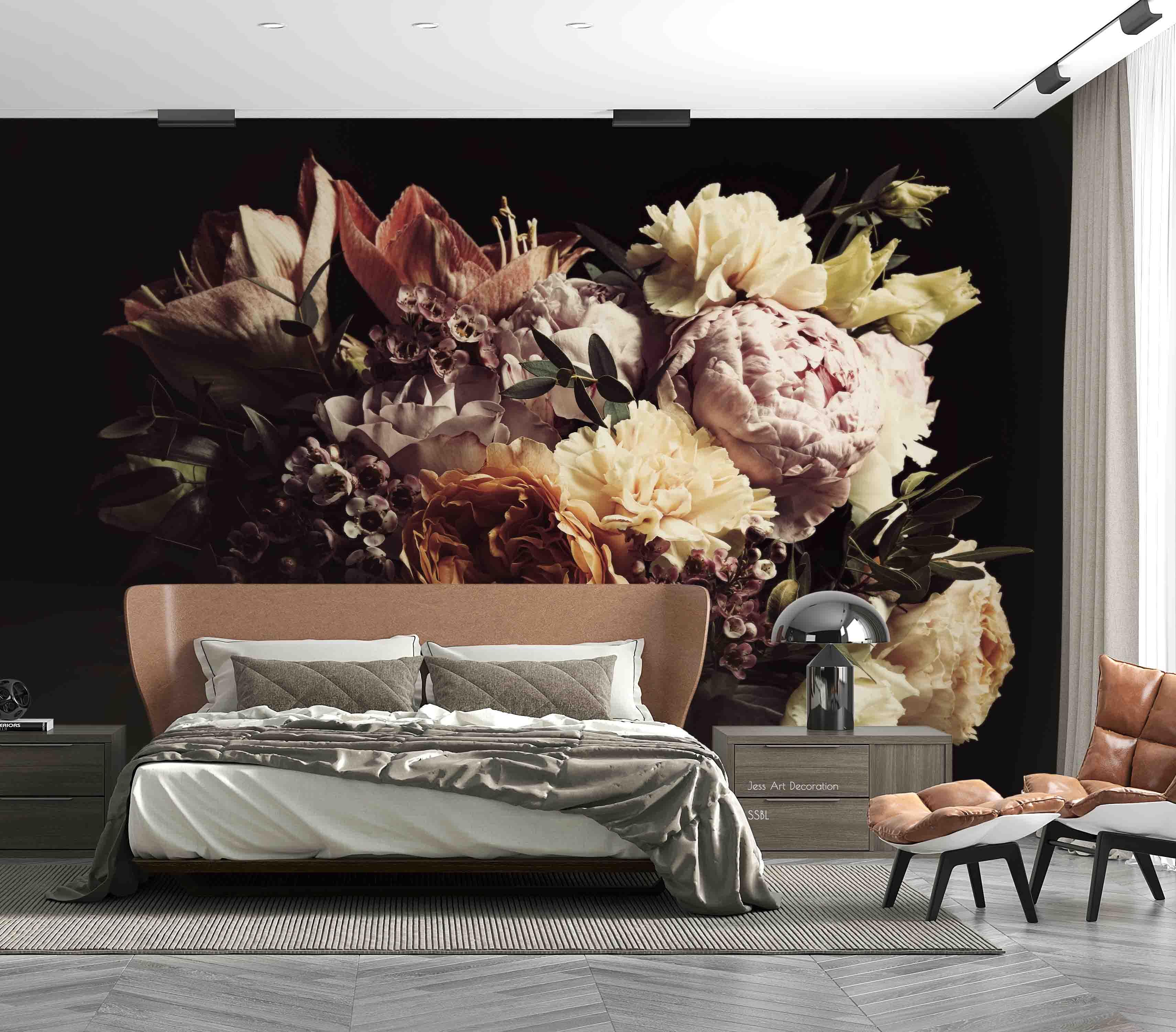 3D Vintage Blooming Flowers Black Background Wall Mural Wallpaper GD 3549- Jess Art Decoration