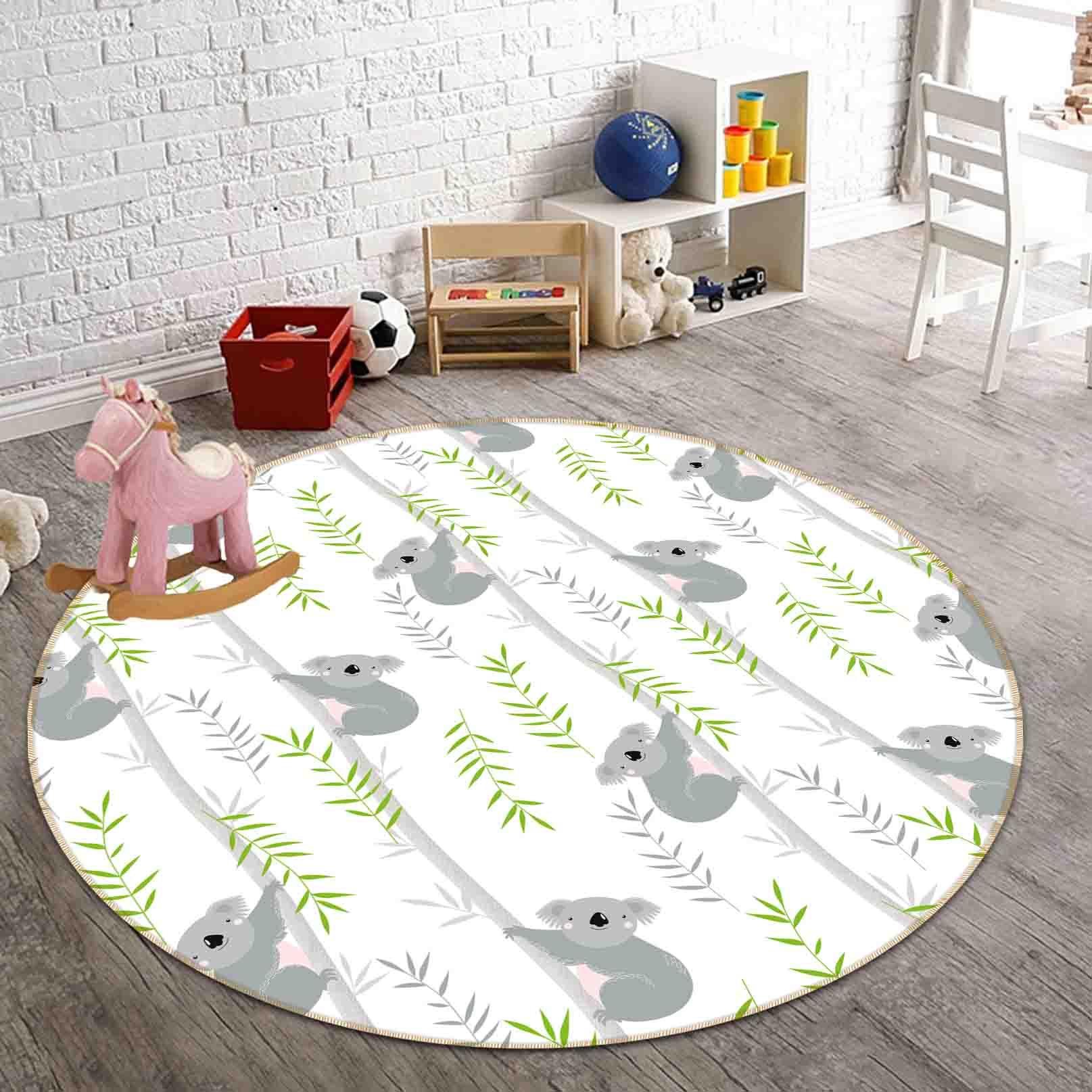 3D Cartoon Animal Koala Leaf Kids Non-Slip Round Rug Mat 149- Jess Art Decoration