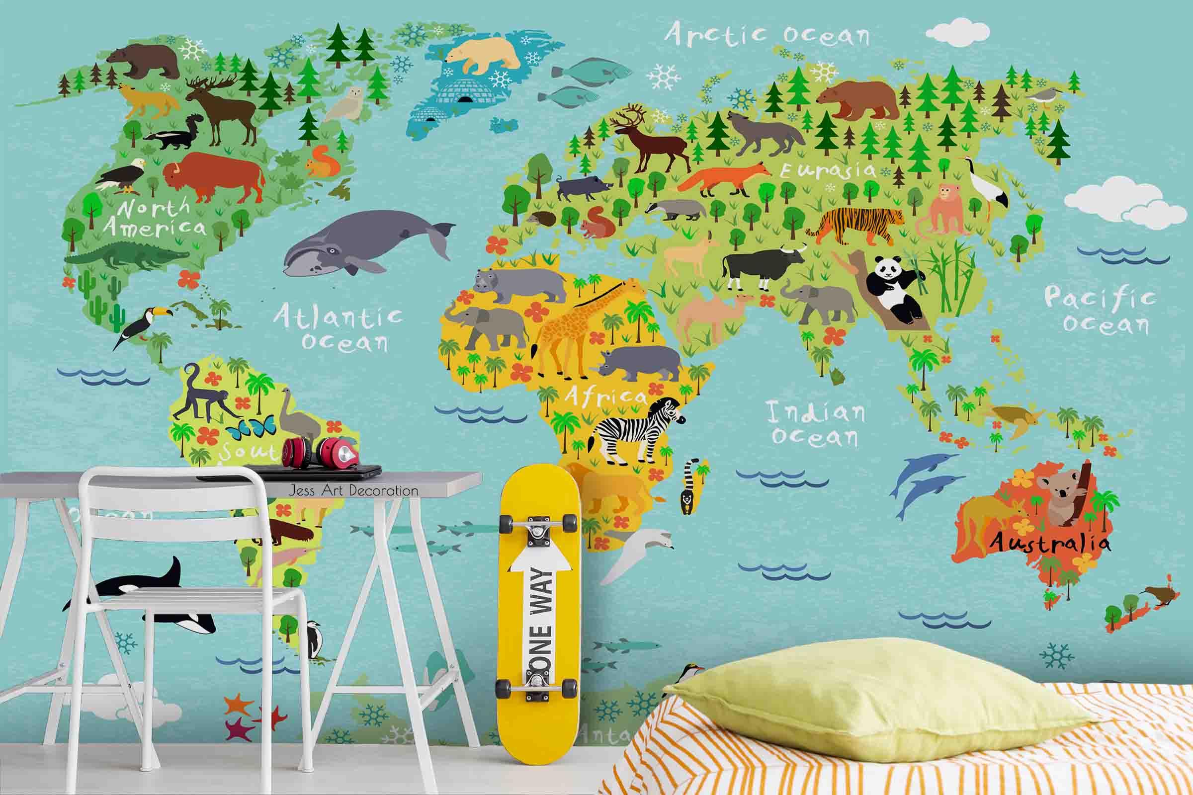 3D World Map Animal Plant Wall Mural Wallpaper GD 2659- Jess Art Decoration