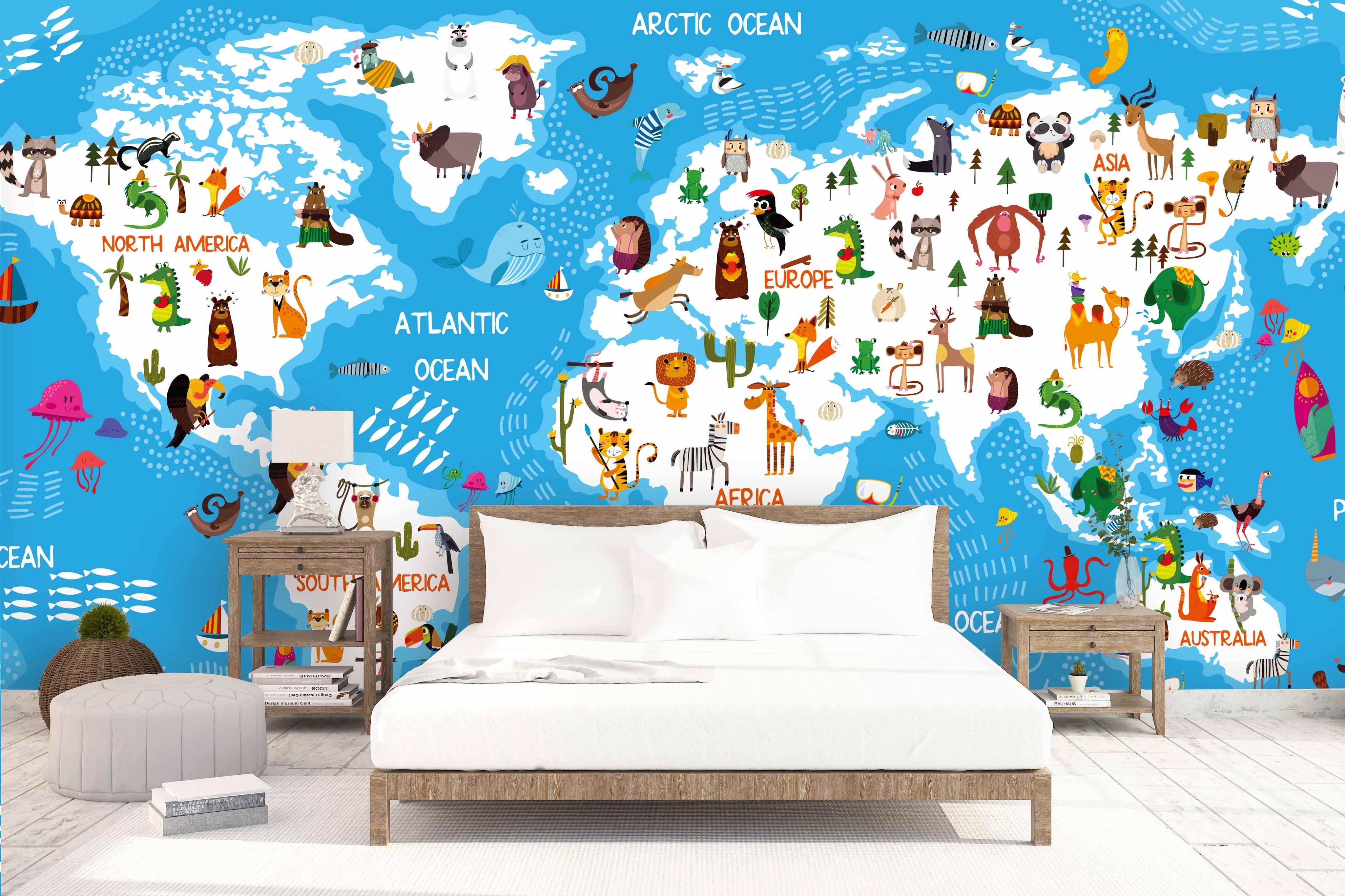 3D blue animals world map wall mural wallpaper 27- Jess Art Decoration