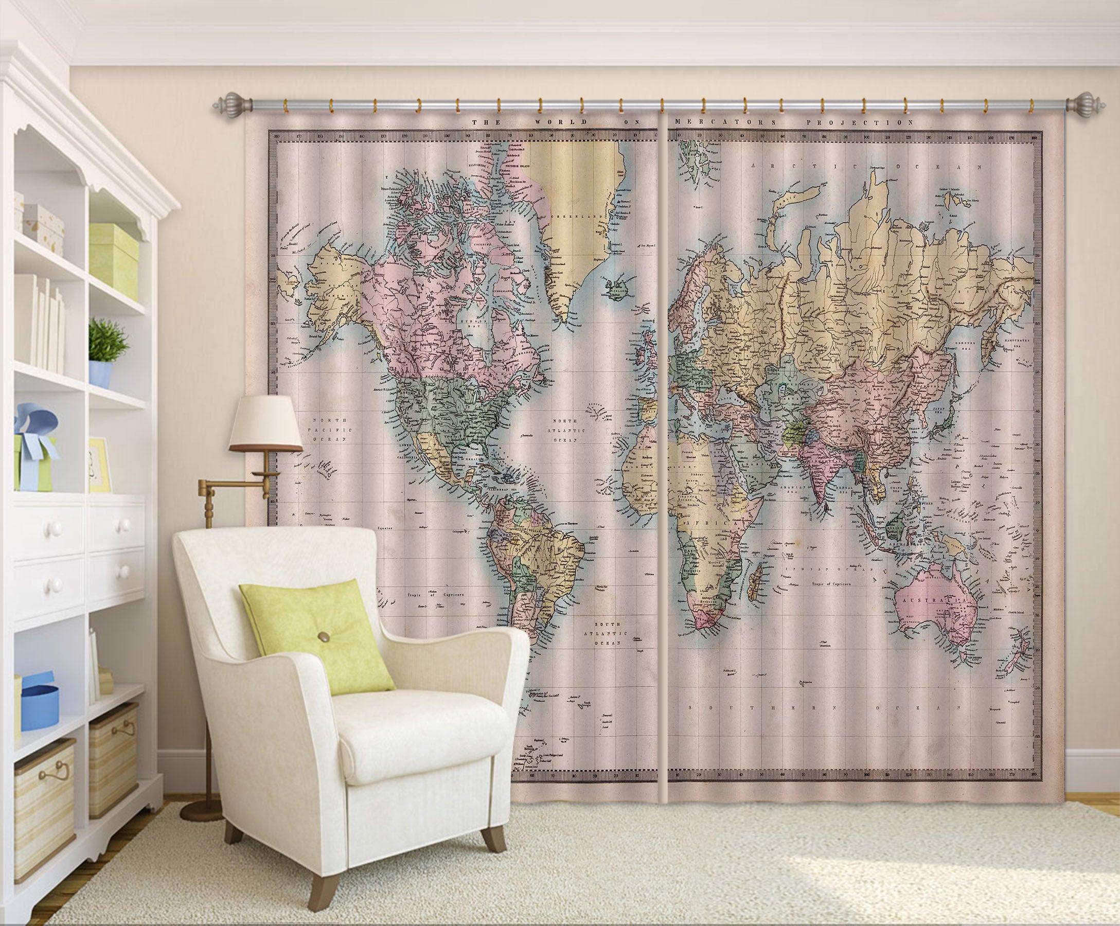 3D World Map Curtains and Drapes A100- Jess Art Decoration