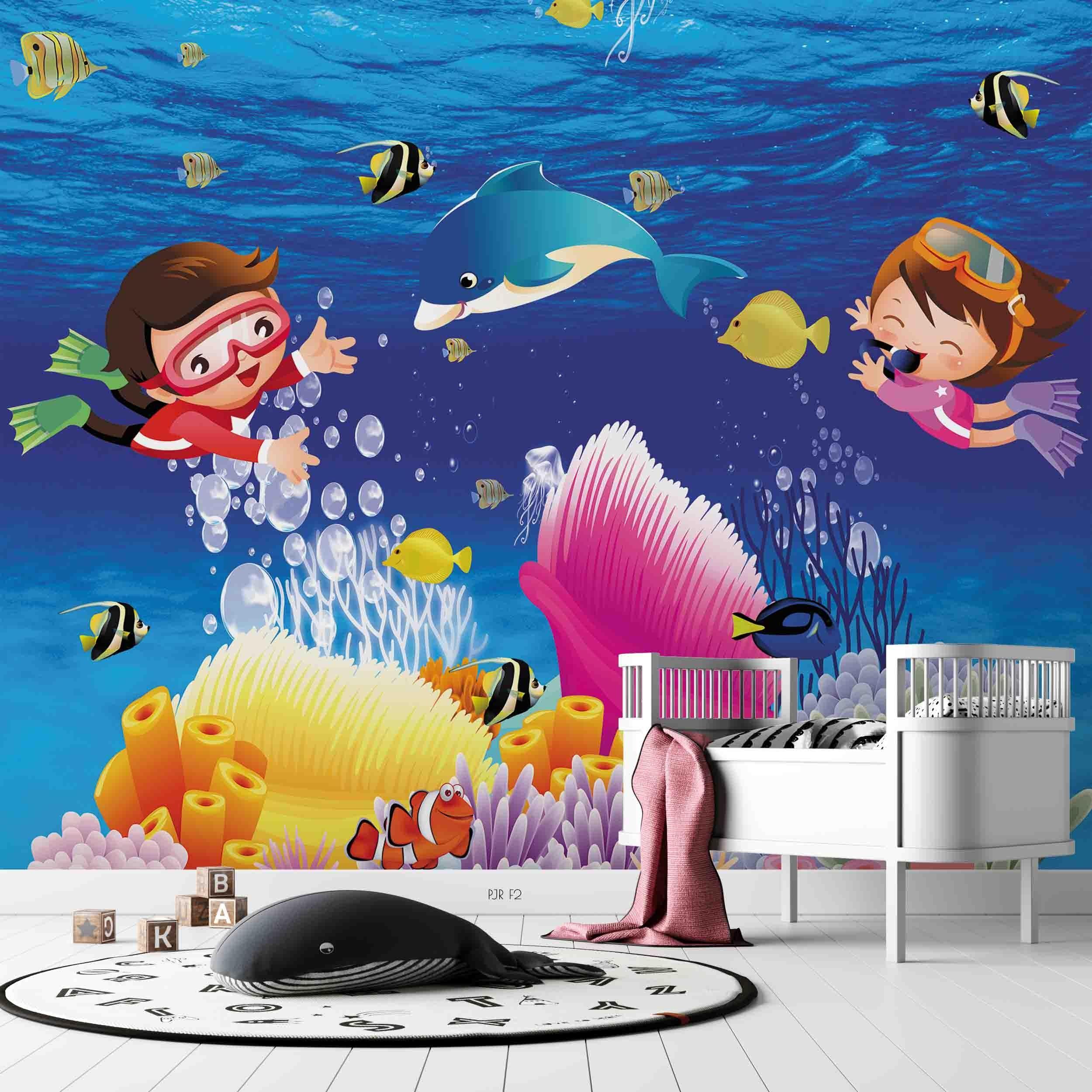 3D Diving Sea Kids cartoon scuba diving sea mural wall mural wallpaper for kids room - view 2