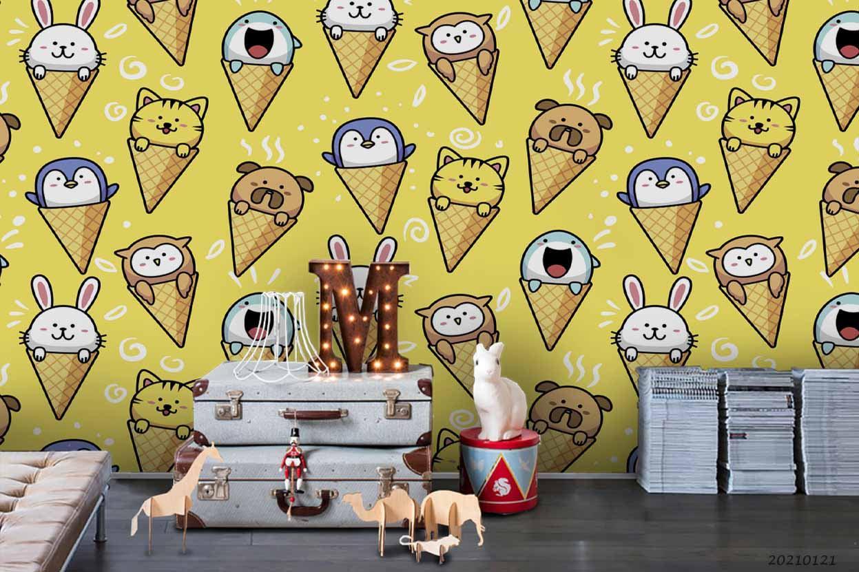 3D Cartoon Animal Ice Cream Yellow Wall Mural Wallpaper LQH 24- Jess Art Decoration