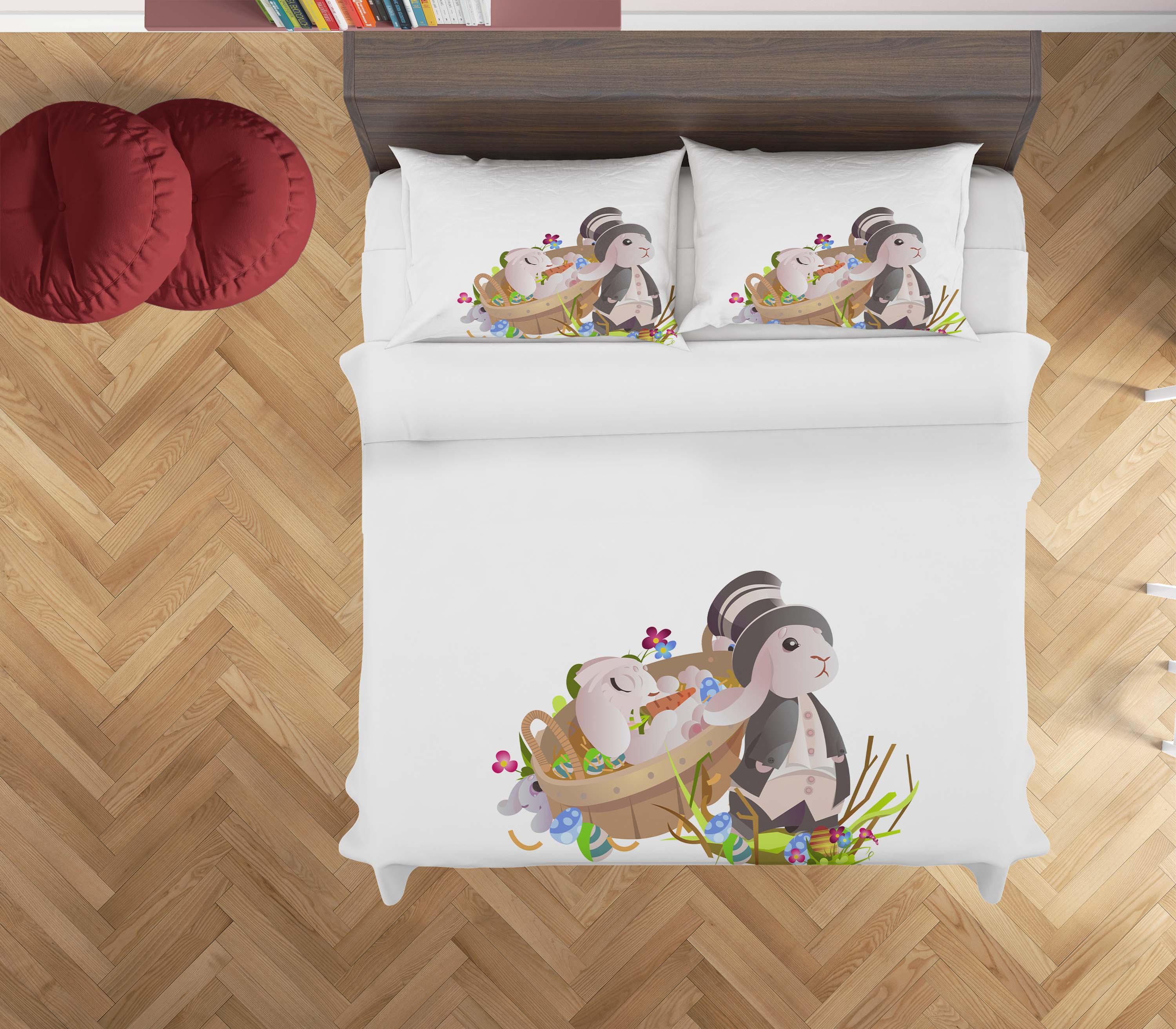 3D White Rabbit Basket Eggs Floral Quilt Cover Set Bedding Set Duvet Cover Pillowcases SF19- Jess Art Decoration