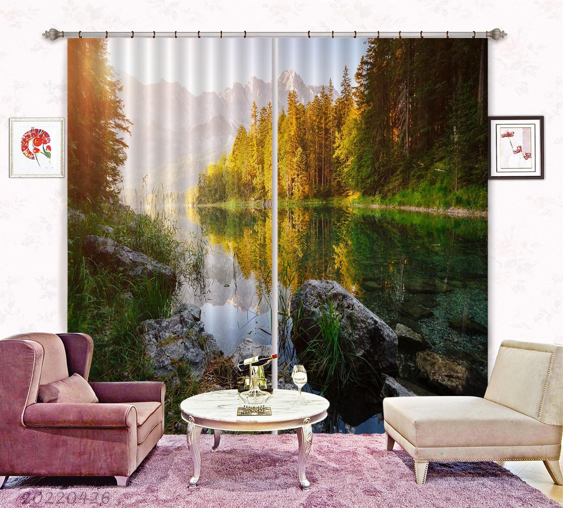 3D Landscape Mountain Forest River Rock Tree Curtains and Drapes GD 4900- Jess Art Decoration