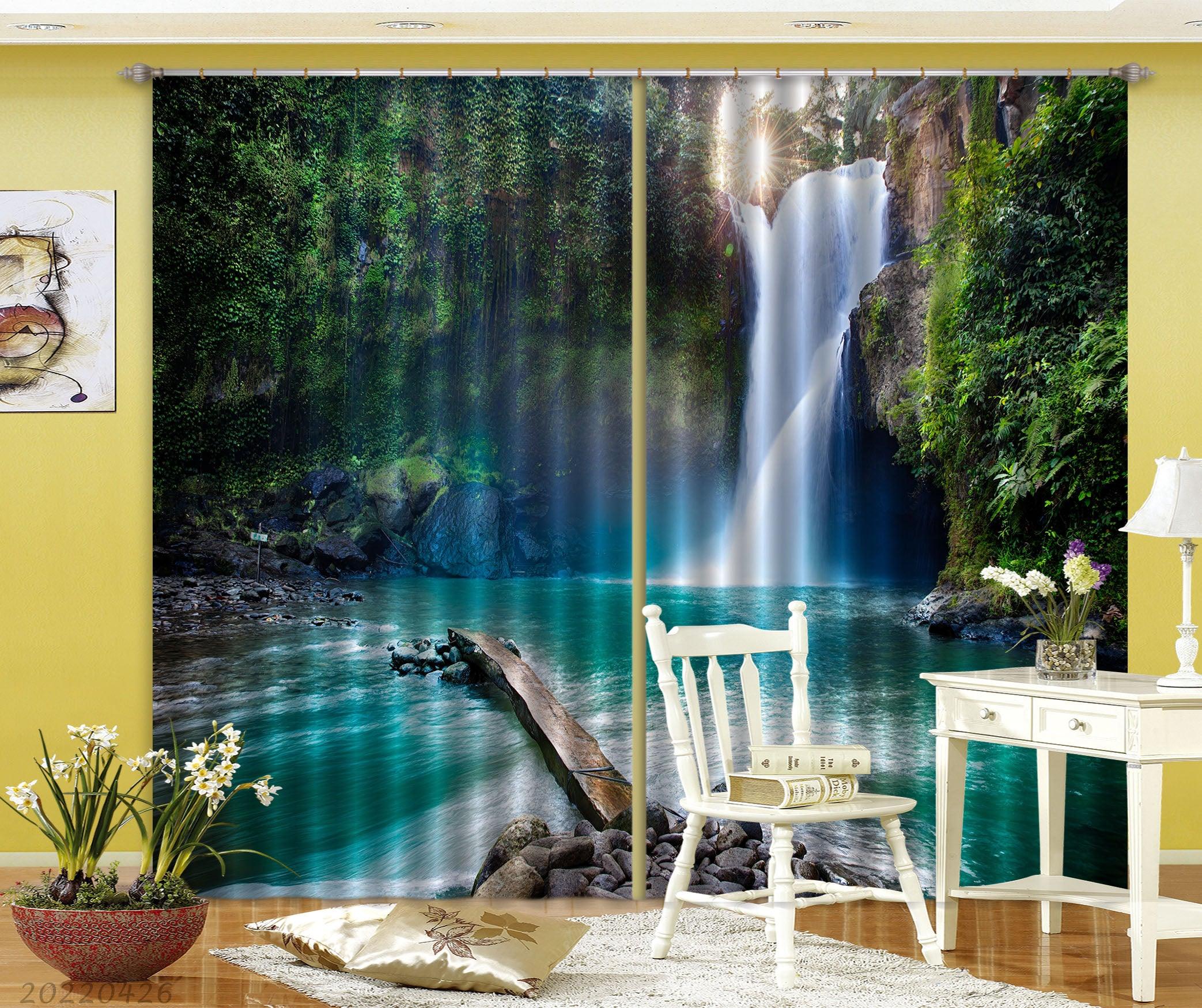 3D Landscape Mountain Waterfall River Tree Sun Curtains and Drapes GD 4907- Jess Art Decoration