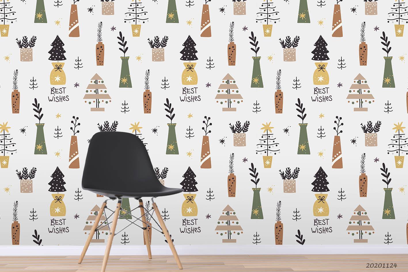 3D Hand Drawn Christmas Seamless Pattern Twigs Fir Tree Plant Wall Mural Wallpaper LXL- Jess Art Decoration