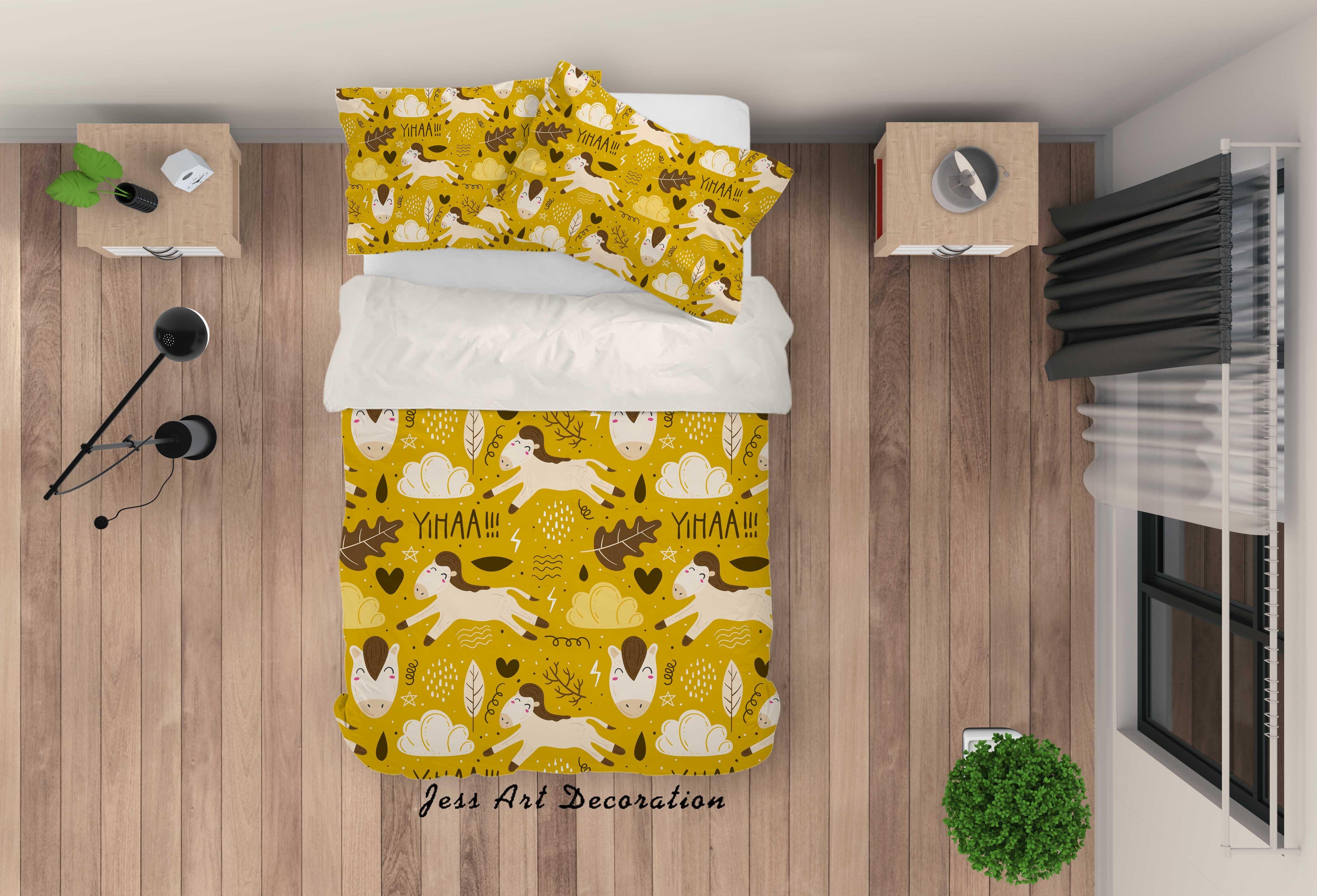 3D Cartoon Horse Yellow Quilt Cover Set Bedding Set Pillowcases 55- Jess Art Decoration
