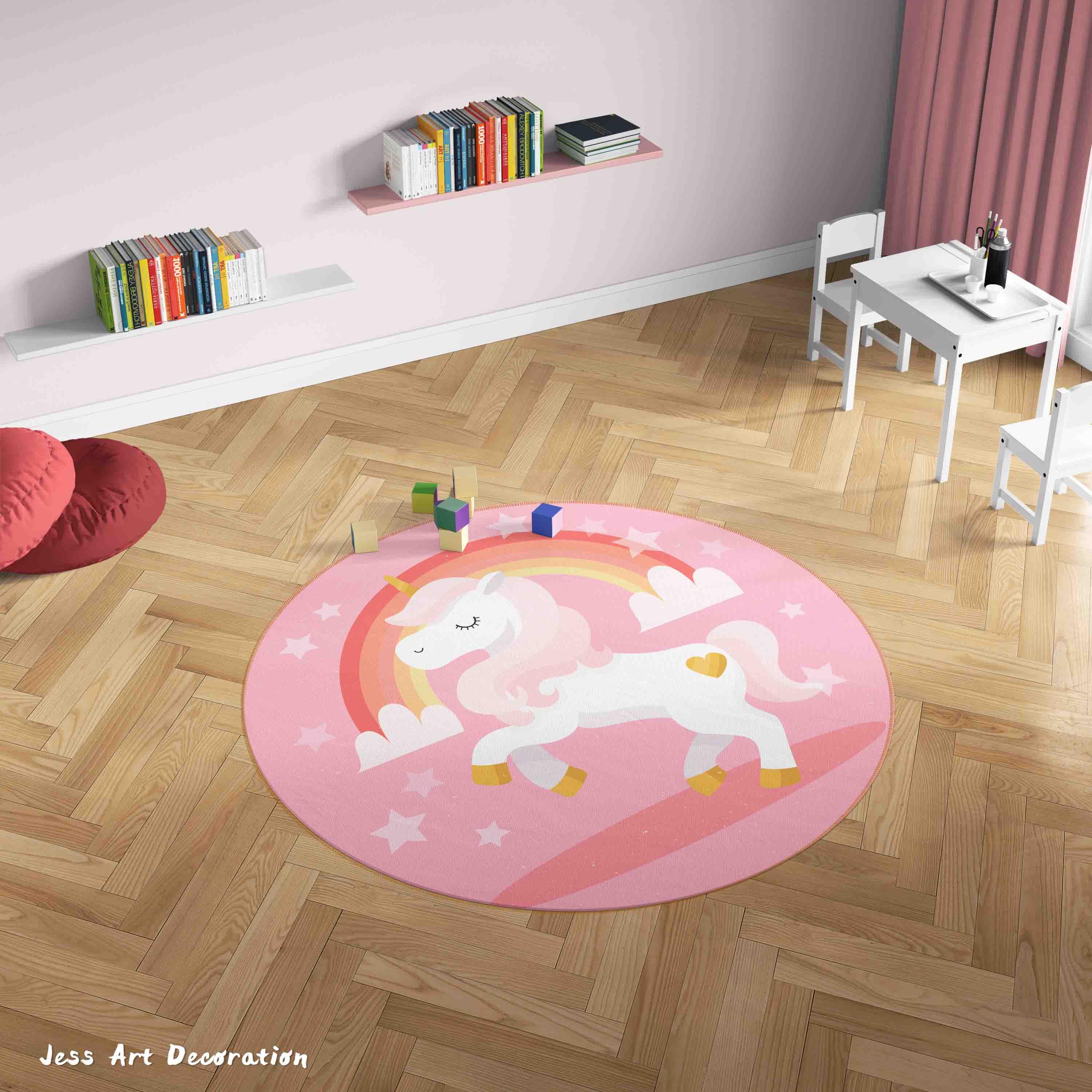 3D Cartoon Pink Animal Unicorn Rainbow Kids Non-Slip Round Rug Mat 50- Jess Art Decoration