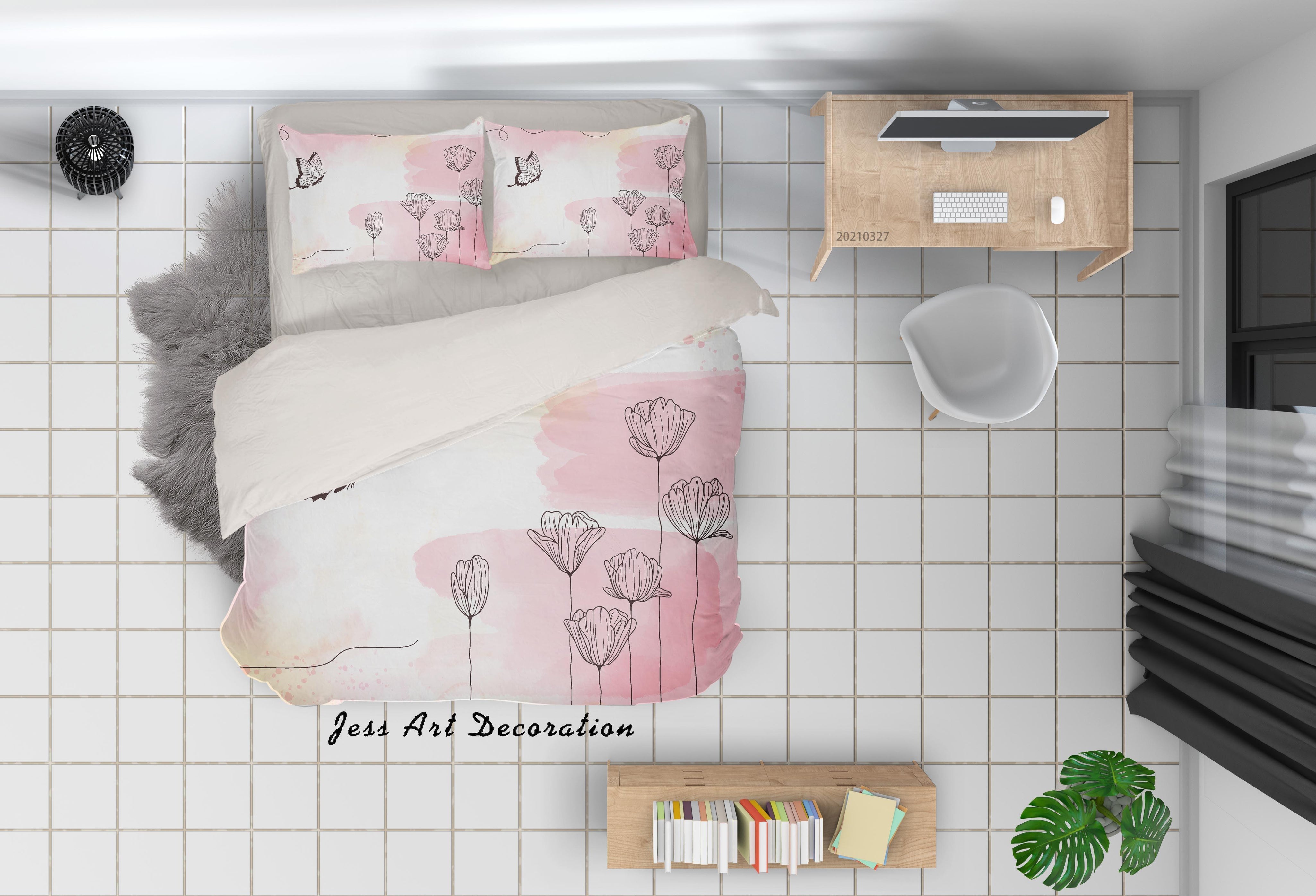3D Watercolor Pink Floral Butterfly Quilt Cover Set Bedding Set Duvet Cover Pillowcases 15- Jess Art Decoration