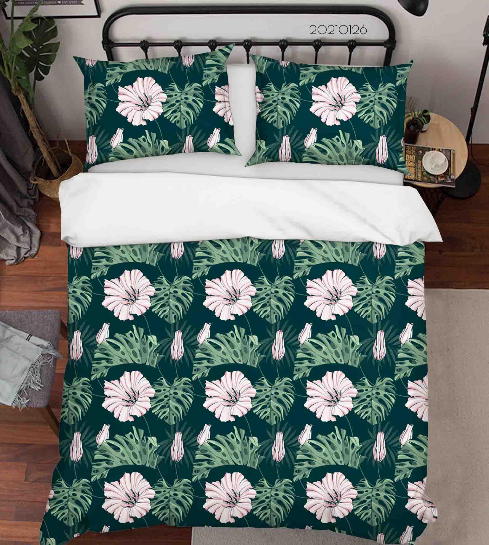 3D Tropical Green Leaves Grey Floral Quilt Cover Set Bedding Set Duvet Cover Pillowcases 20- Jess Art Decoration