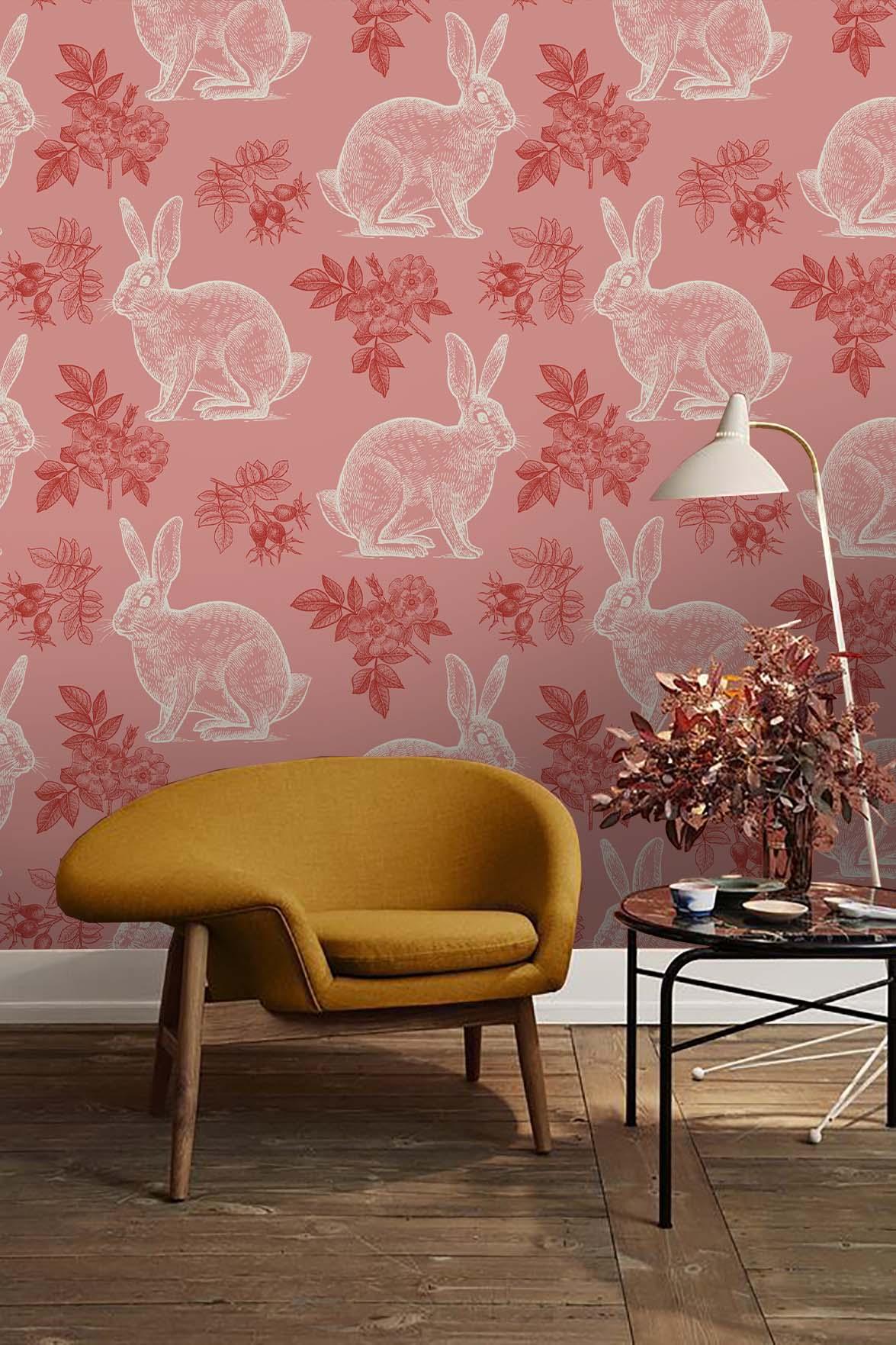 3D Pink Rabbit Leaf Wall Mural Wallpaper 172- Jess Art Decoration
