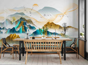 3D Abstract Art Gold Blue Mountain Trees Sun Wall Mural Wallpaper GD 2000- Jess Art Decoration