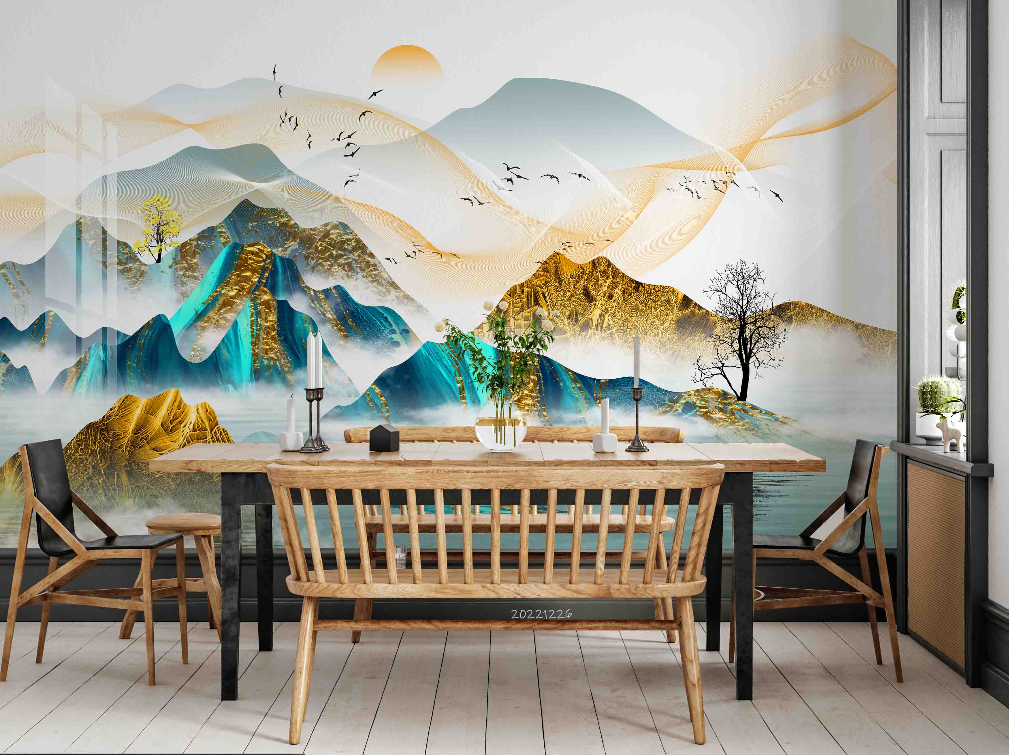 3D Abstract Art Gold Blue Mountain Trees Sun Wall Mural Wallpaper GD 2000- Jess Art Decoration