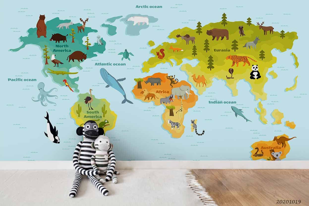 3D Cartoon Children Map Animal Wall Mural Wallpaper WJ 9431- Jess Art Decoration