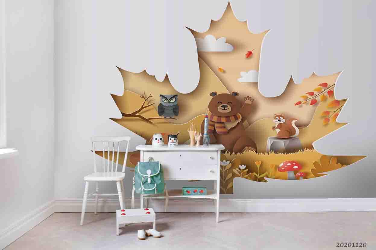 3D Animal Bear Maple Leaf Wall Mural Wallpaper LQH 286- Jess Art Decoration