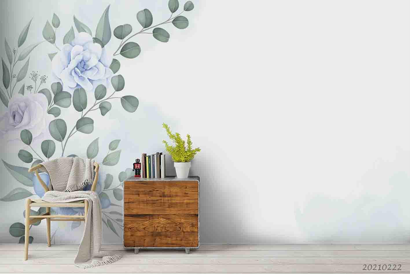 3D Watercolor Blue Floral Leaves Wall Mural Wallpaper LQH 133- Jess Art Decoration