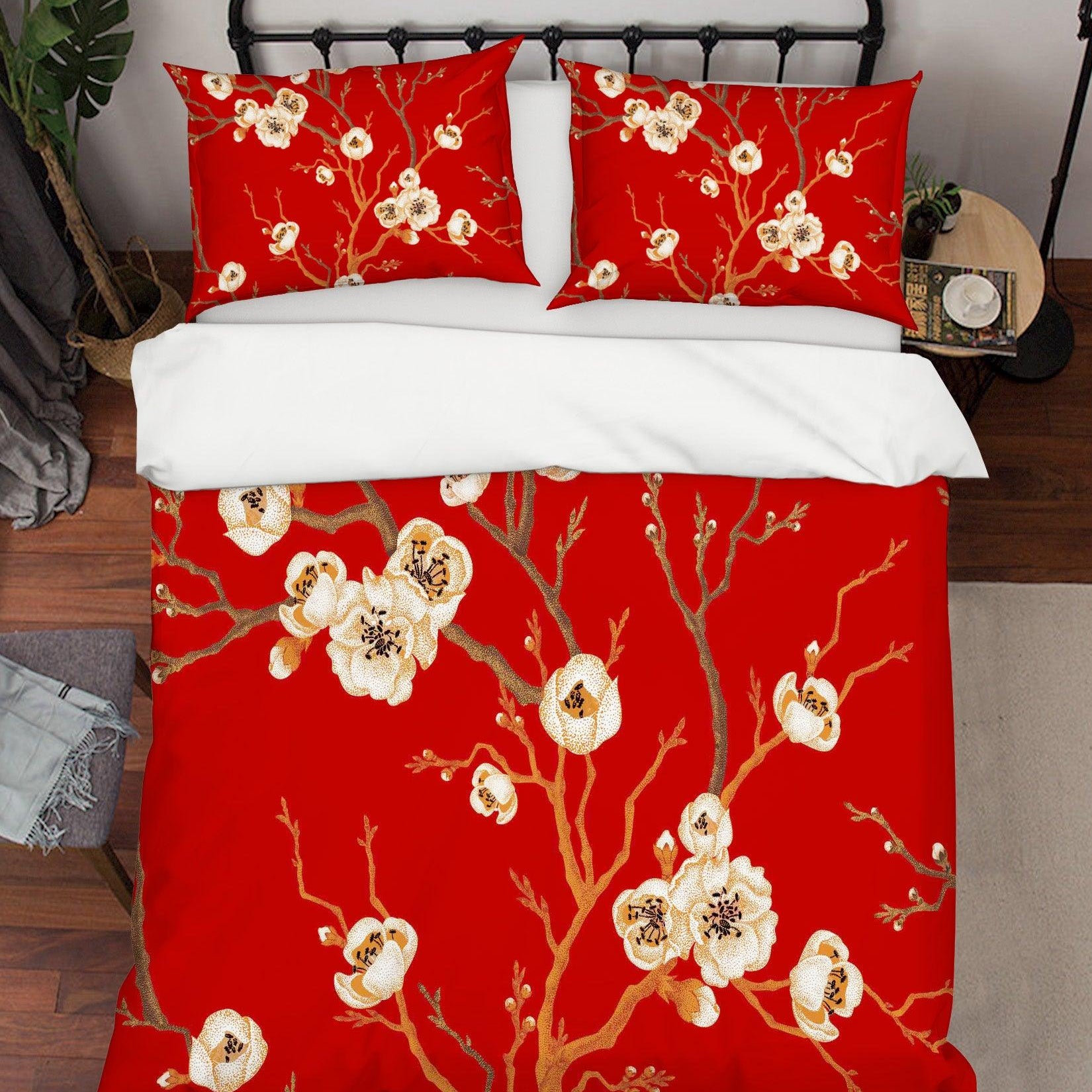3D White Floral Red Quilt Cover Set Bedding Set Pillowcases 18- Jess Art Decoration