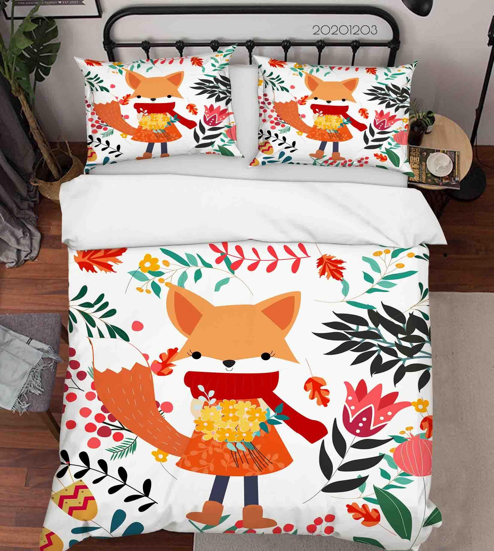 3D Cartoon Hand Drawn Colorful Floral Plant Fox Animal Quilt Cover Set Bedding Set Duvet Cover Pillowcases LXL- Jess Art Decoration