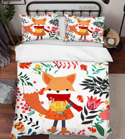 3D Cartoon Hand Drawn Colorful Floral Plant Fox Animal Quilt Cover Set Bedding Set Duvet Cover Pillowcases LXL- Jess Art Decoration