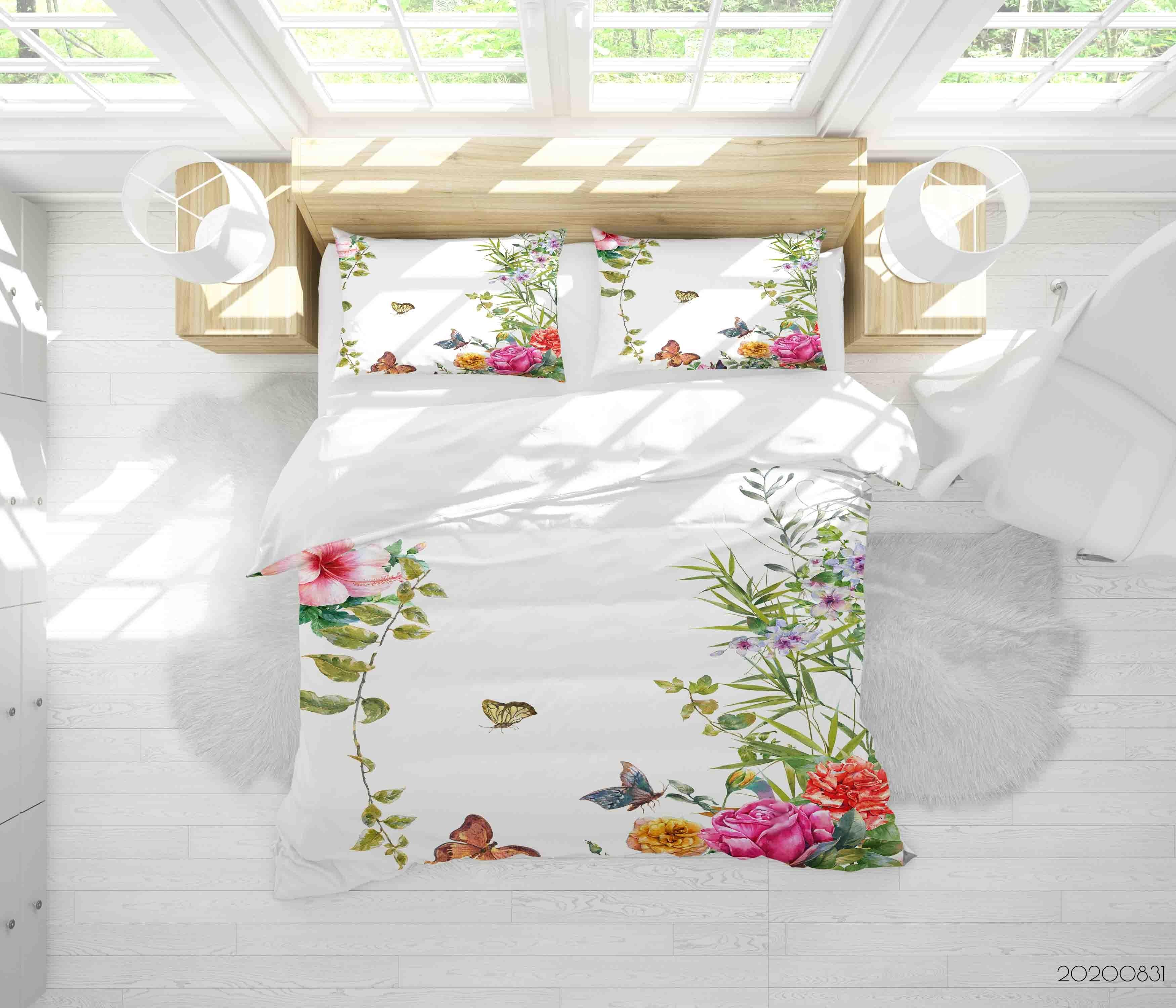 3D Watercolor Painting Leaves Flower Butterfly Quilt Cover Set Bedding Set Duvet Cover Pillowcases WJ 3496- Jess Art Decoration