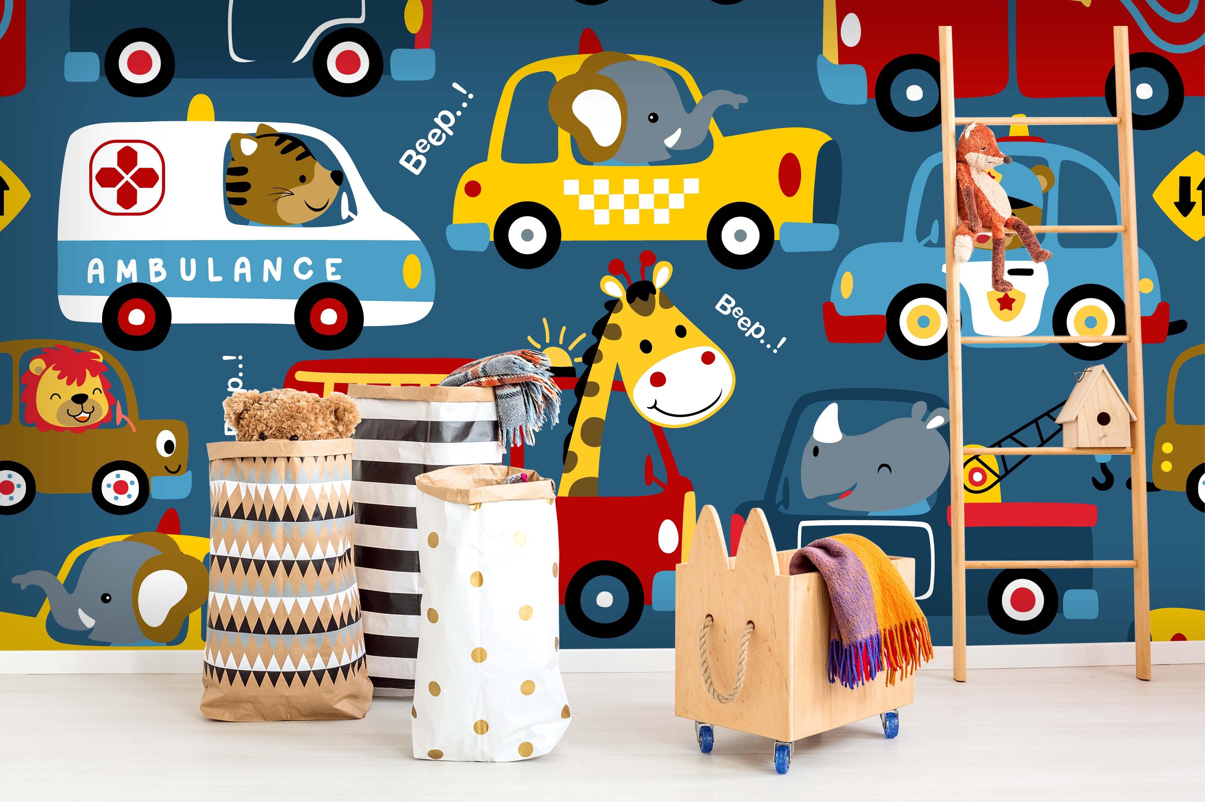 3D cartoon car animals wall mural wallpaper 39- Jess Art Decoration