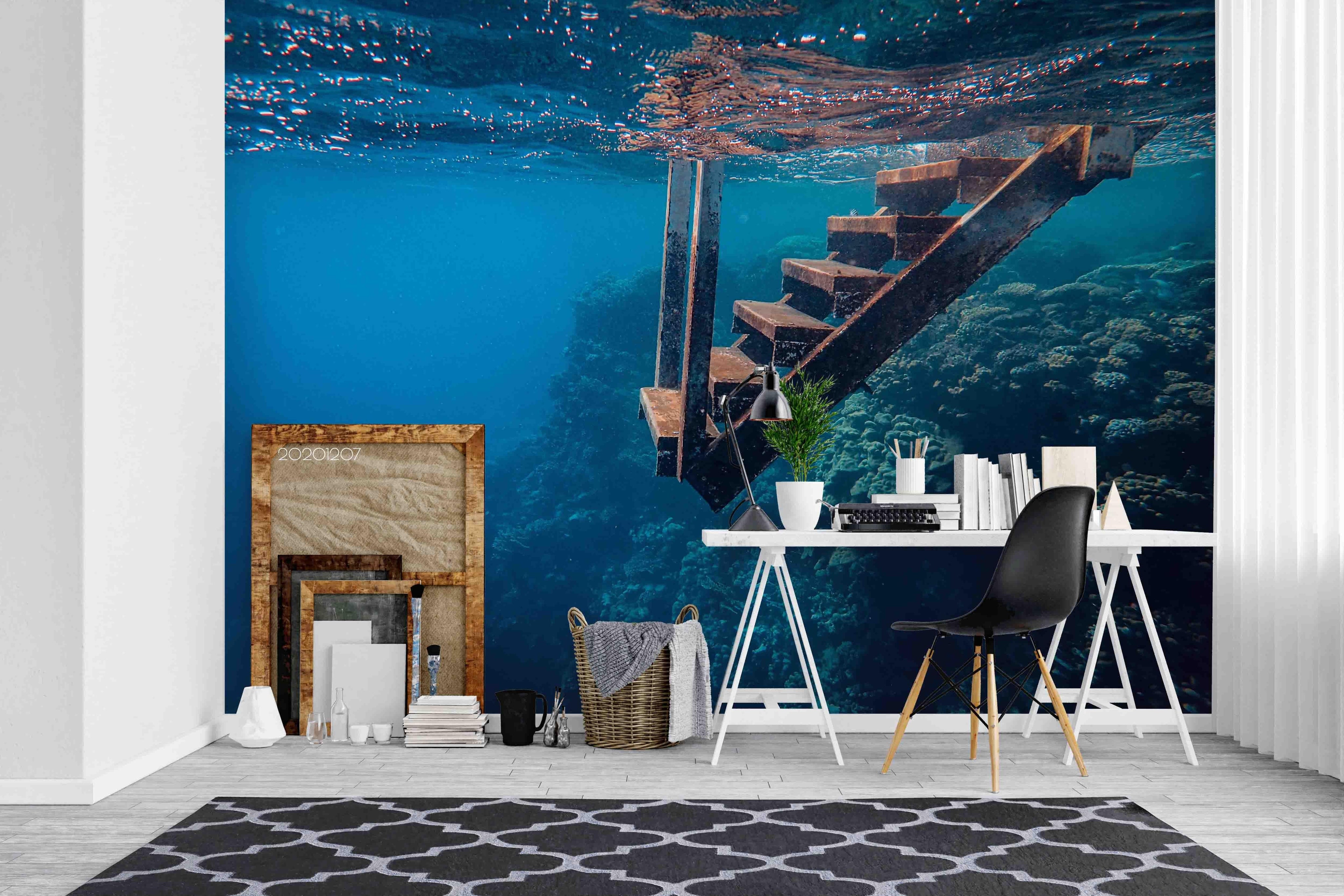 3D Pexels Deep Blue Ocean Wooden Stairs Wall Mural Wallpaper LXL- Jess Art Decoration