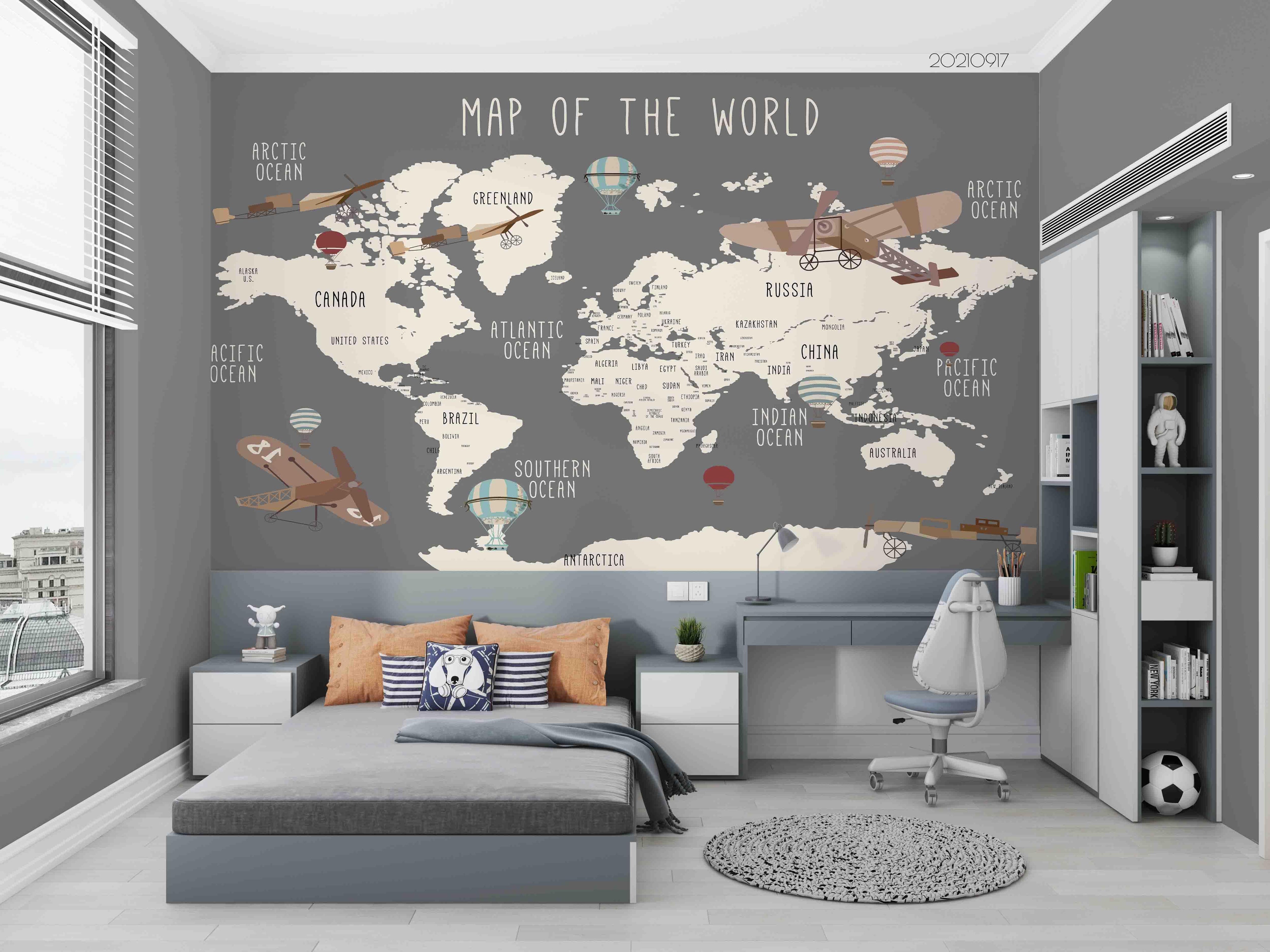 3D Gray World Map Airplane Wall Mural Wallpaper LQH 90- Jess Art Decoration