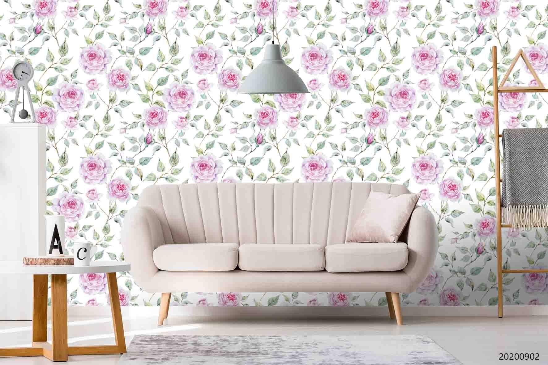3D Hand Sketching Pink Floral Leaves Plant Wall Mural Wallpaper LXL 1253- Jess Art Decoration