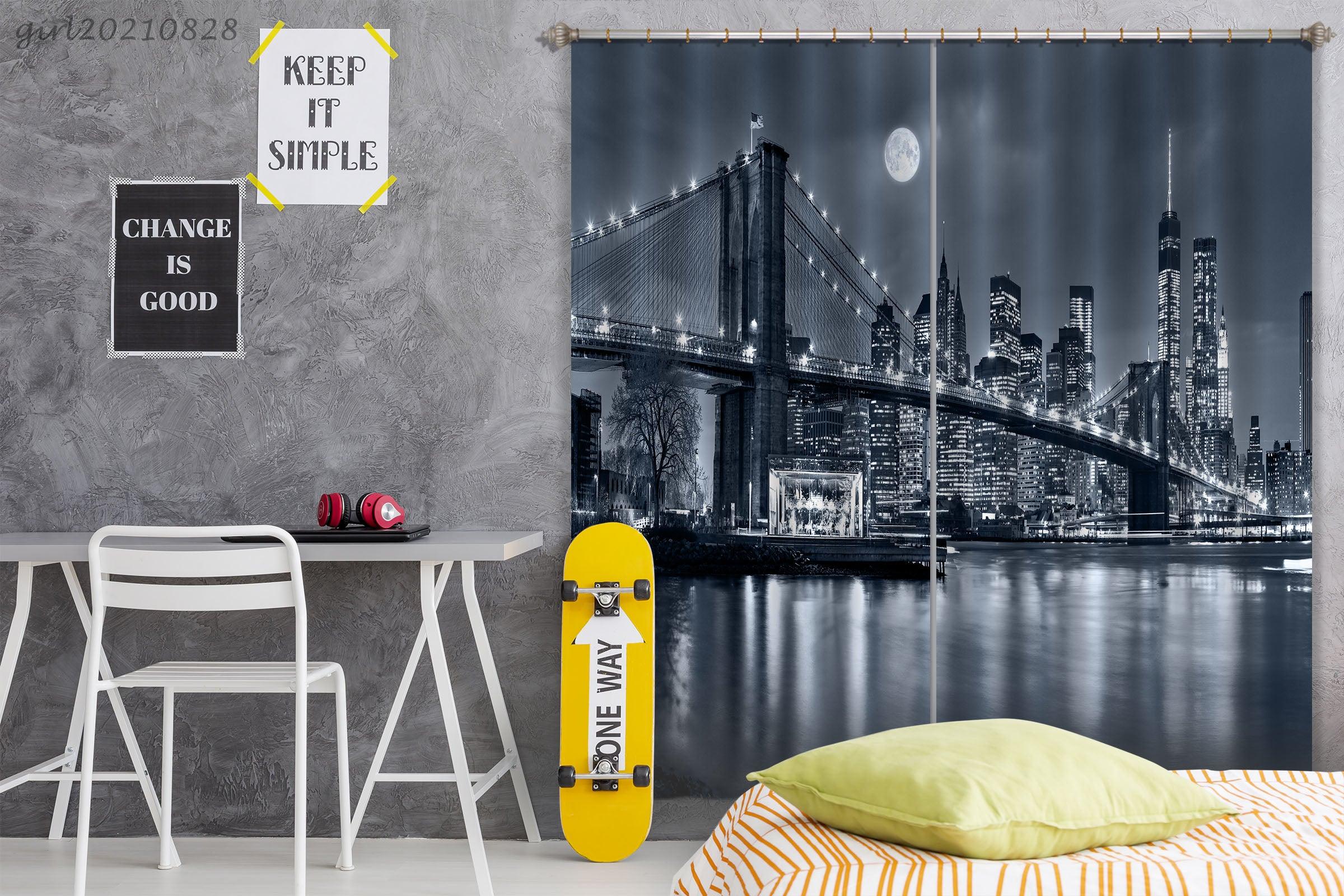 3D Night Sky Moon City Sea Bridge Landscape Curtains and Drapes LQH 70- Jess Art Decoration