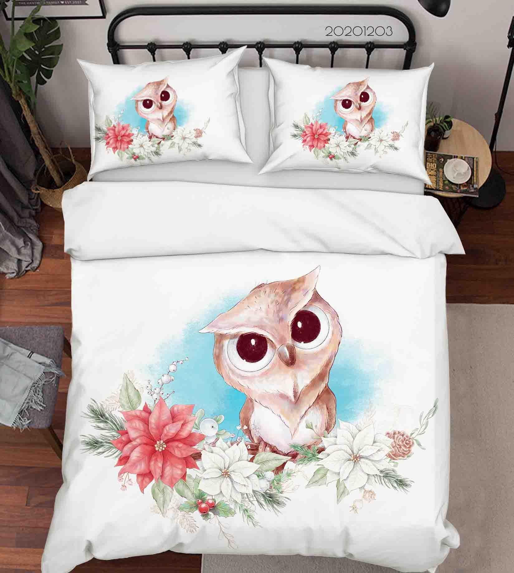 3D Cartoon Hand Drawn Owl Animal Floral Plant Quilt Cover Set Bedding Set Duvet Cover Pillowcases LXL- Jess Art Decoration