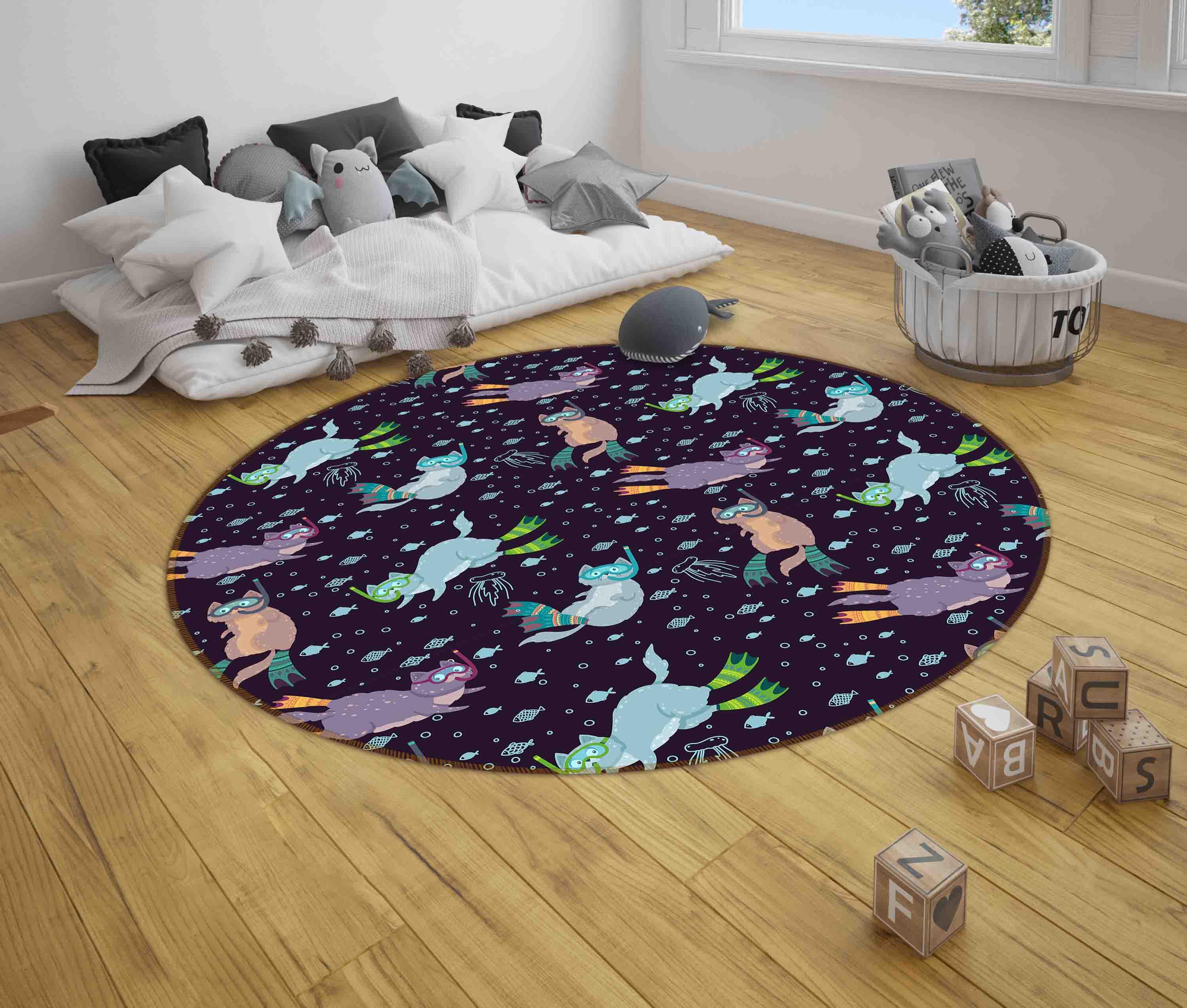 3D Cartoon Ocean Fish Diving Cat Kids Non-Slip Round Rug Mat 85- Jess Art Decoration