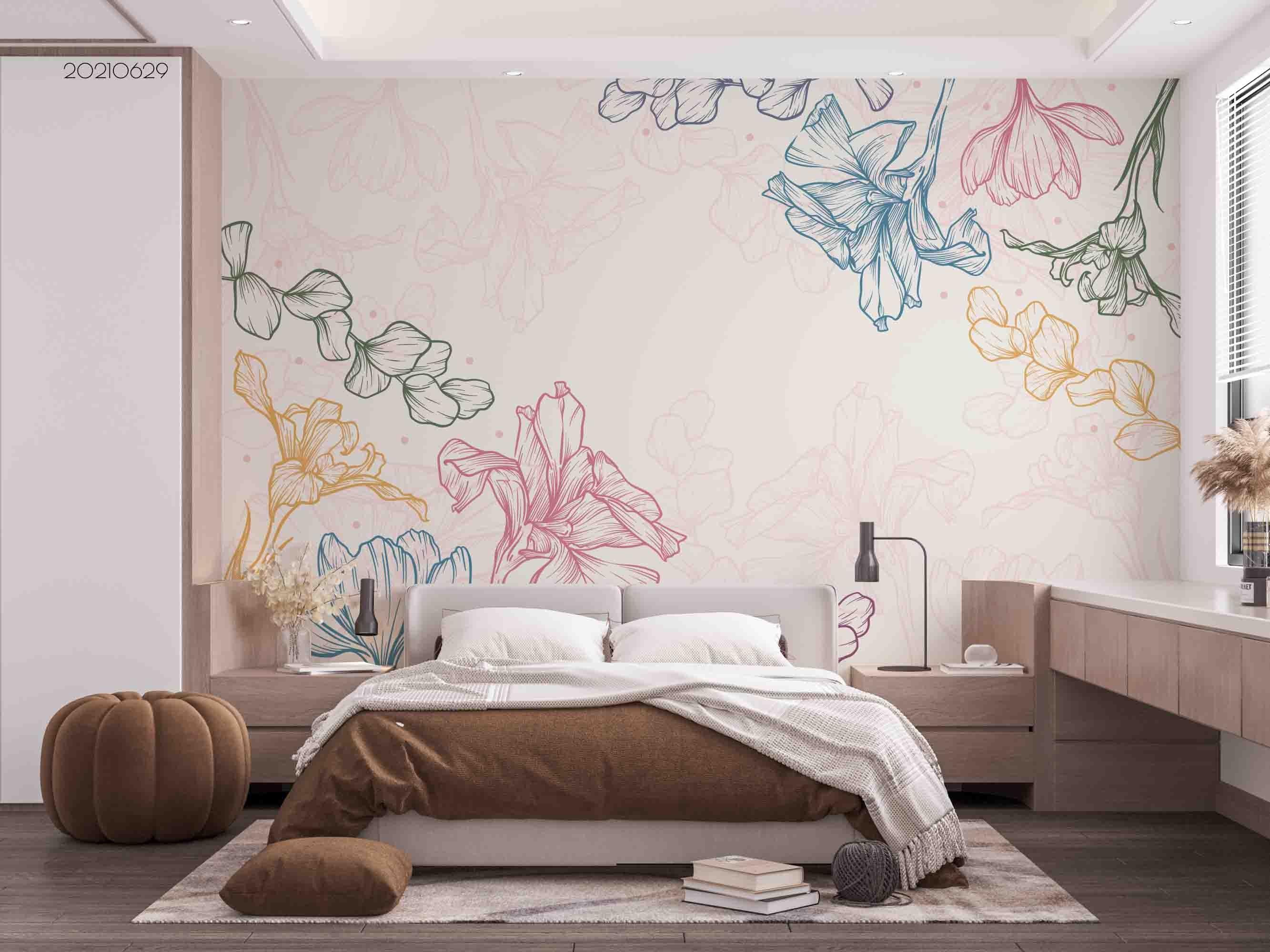 3D Hand Drawn Colorful Floral Wall Mural Wallpaper LQH 25- Jess Art Decoration