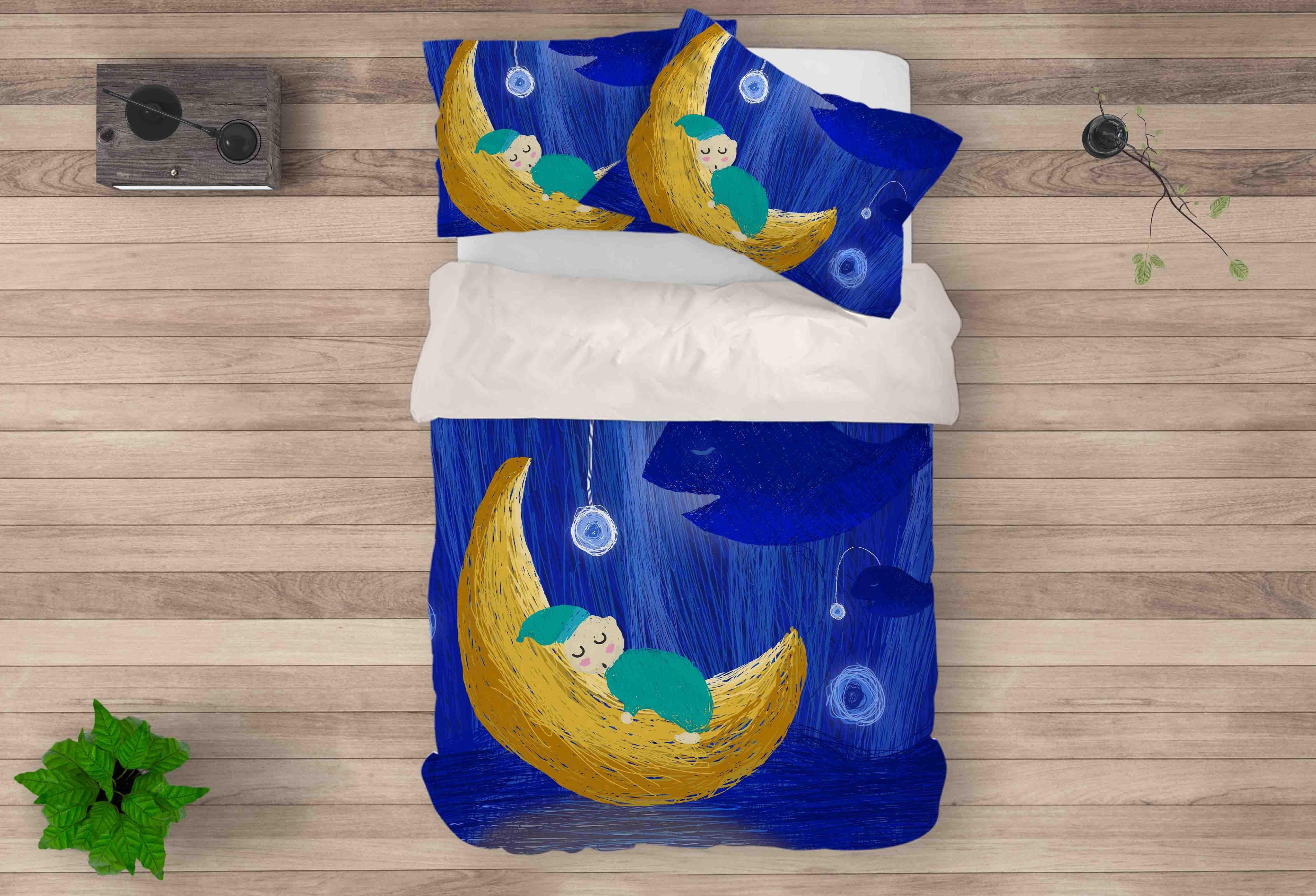 3D Blue Whale Baby Moon Quilt Cover Set Bedding Set Pillowcases 140- Jess Art Decoration